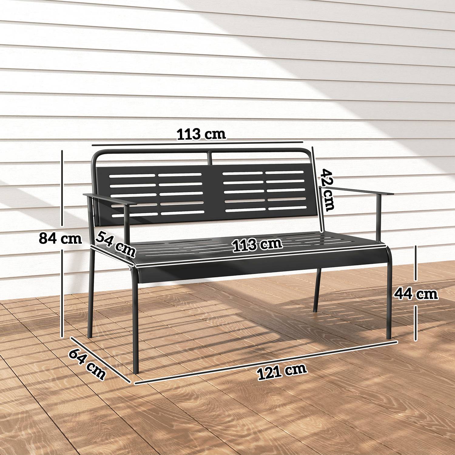 2-sits svart trädgårdsbänk, vattenavvisande, 240 kg kapacitet