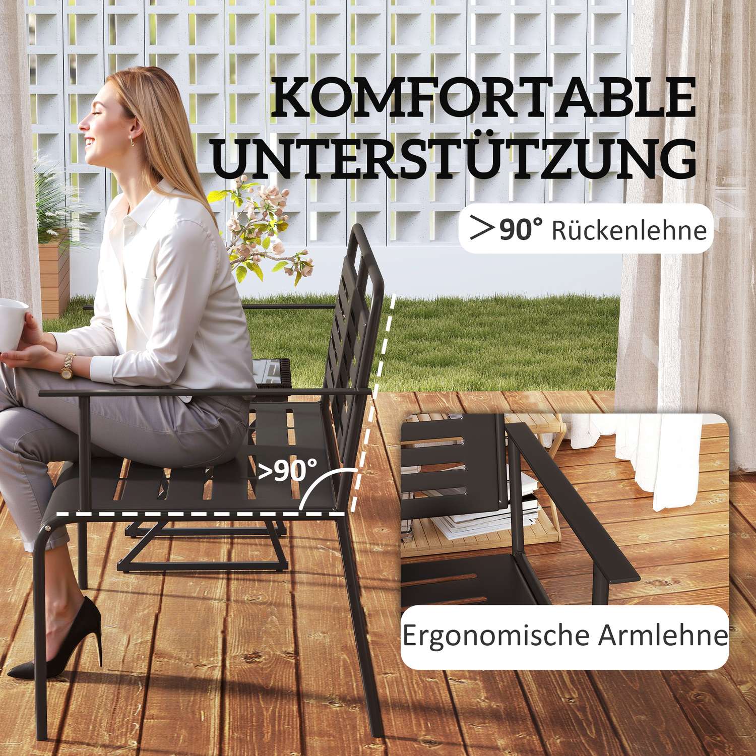 2-sits svart trädgårdsbänk, vattenavvisande, 240 kg kapacitet