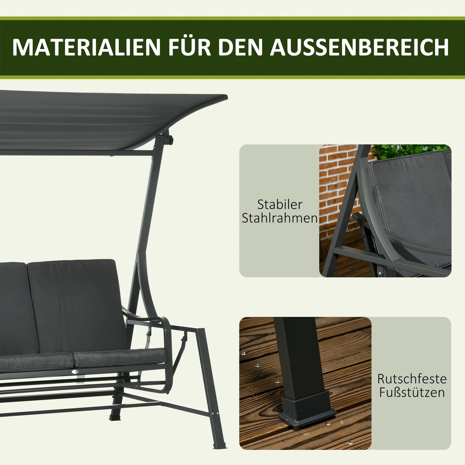 2-sits trädgårdsgunga med justerbar kapell, mörkgrå
