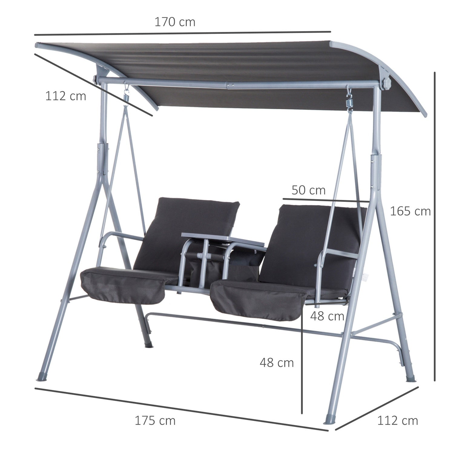 2-sits trädgårdsgunga med solskydd, grå 175 x 112 x 165 cm