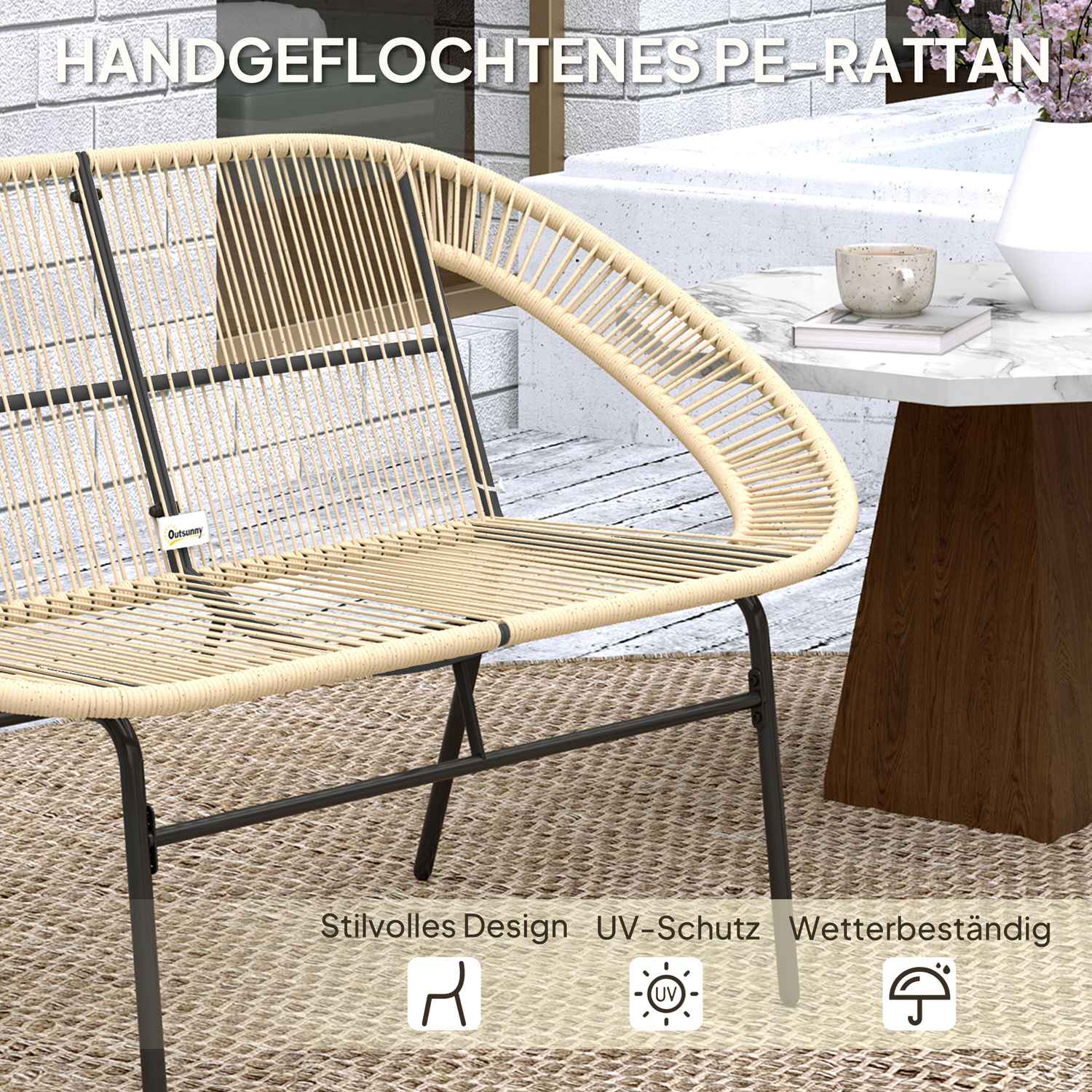 2-sits väderbeständig polyrattan trädgårdsbänk, UV-beständig