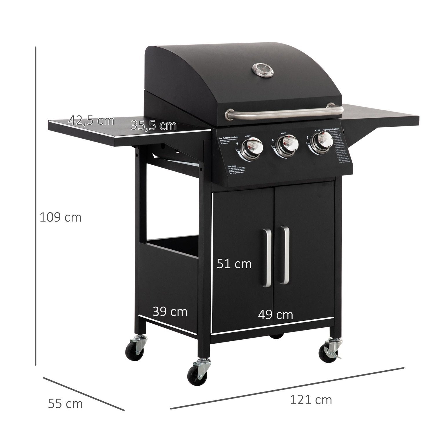 Gasolgrill Bbq Med 3 Brännare 3 Kw Varje Mobil Grillvagn Med 4 Hjul Grillnät Sidobord Tryckreduceringsslangar Stål 121 X 55 X 109Cm