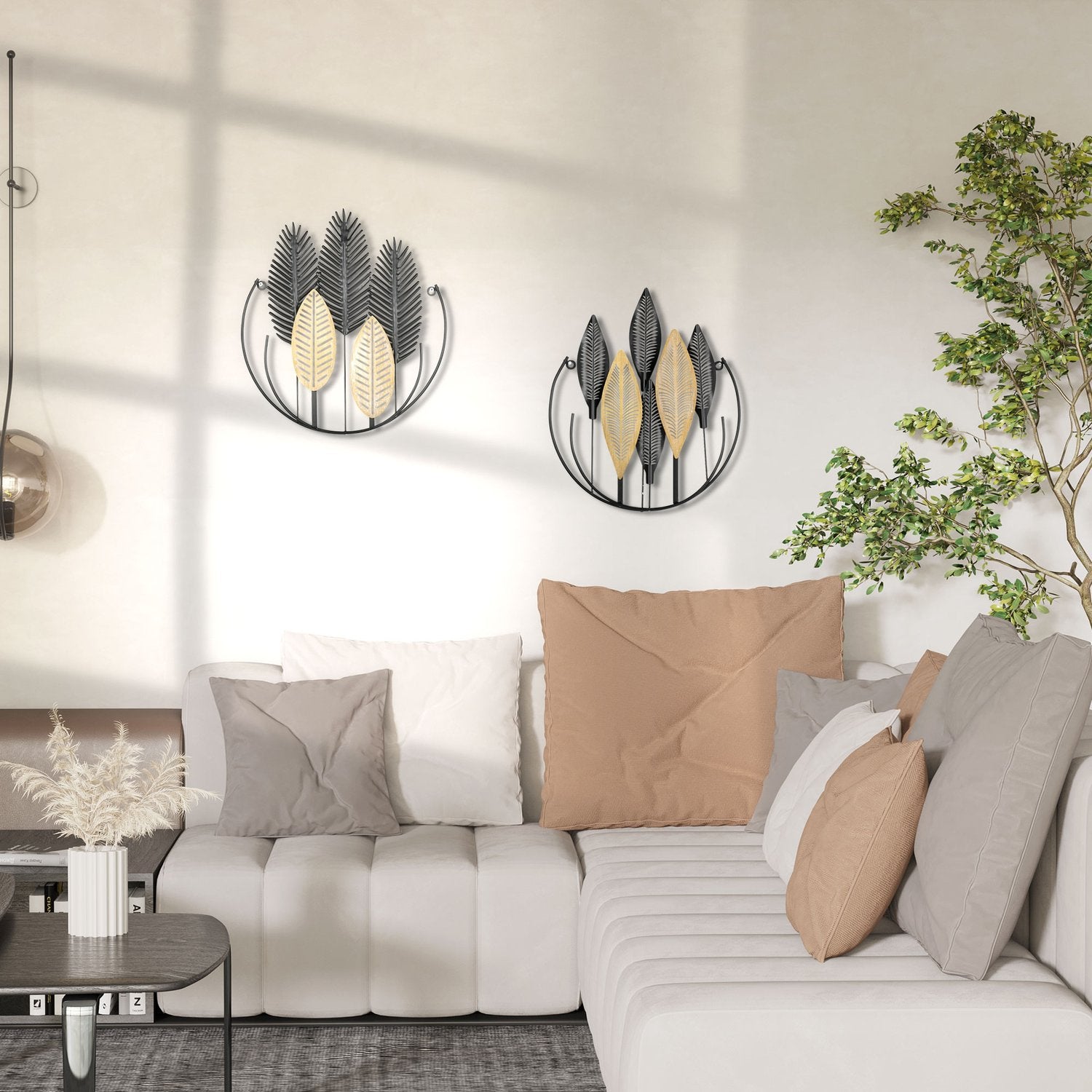 3D Metal Wall Art Leaf Set – Black & Natural, 40x46 Cm