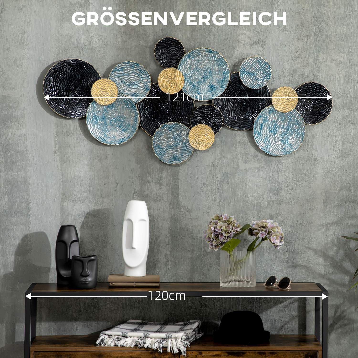 3D metallväggkonst - modern skulptur, guld/svart/blå, 121x53 cm