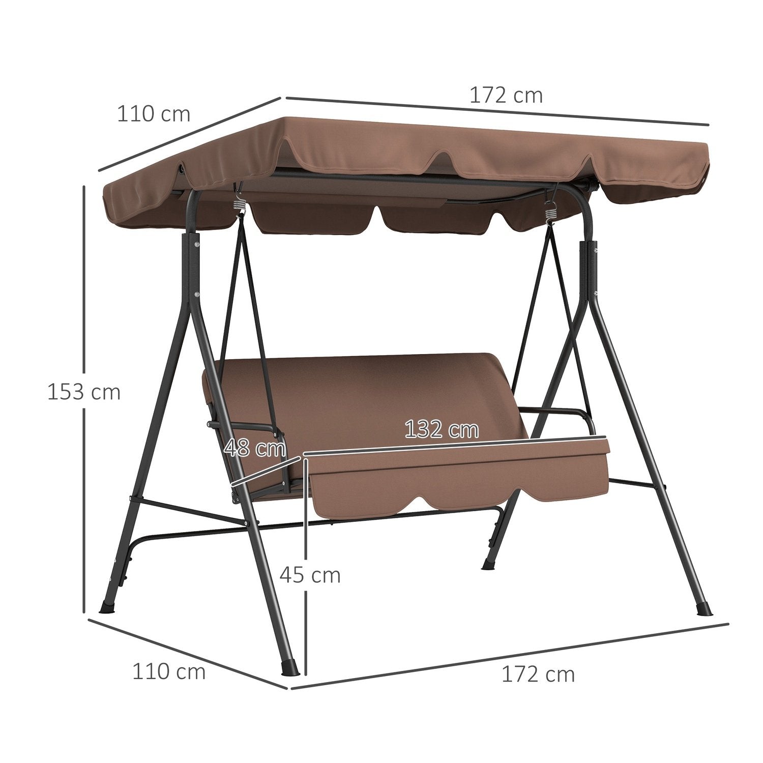 Hollywood Swing 3-Sits Trädgårdsgunga Med Justerbart Tak, Vattenavvisande Gungbänk, Lastkapacitet Upp Till 200 Kg, För Trädgård, Balkong, Mesh, Brun