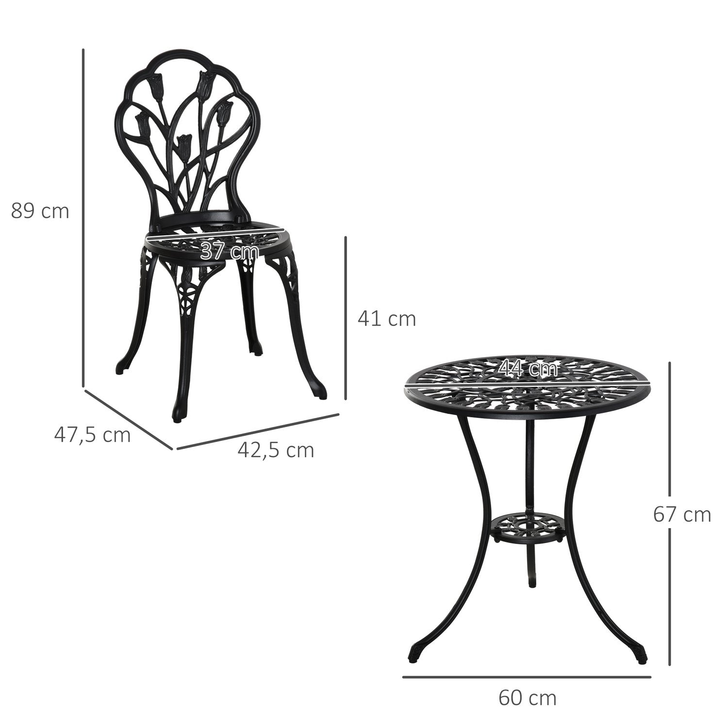 Sittgrupp För 2, Matgrupp Med 1 Bord + 2 Stolar, Aluminium, Svart