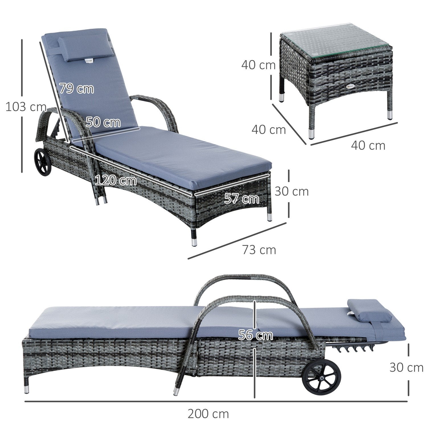 Solstol Trädgård Solstol Bord Set Med 3 Trädgårdsmöbler, Polyrattan + Metallgrå