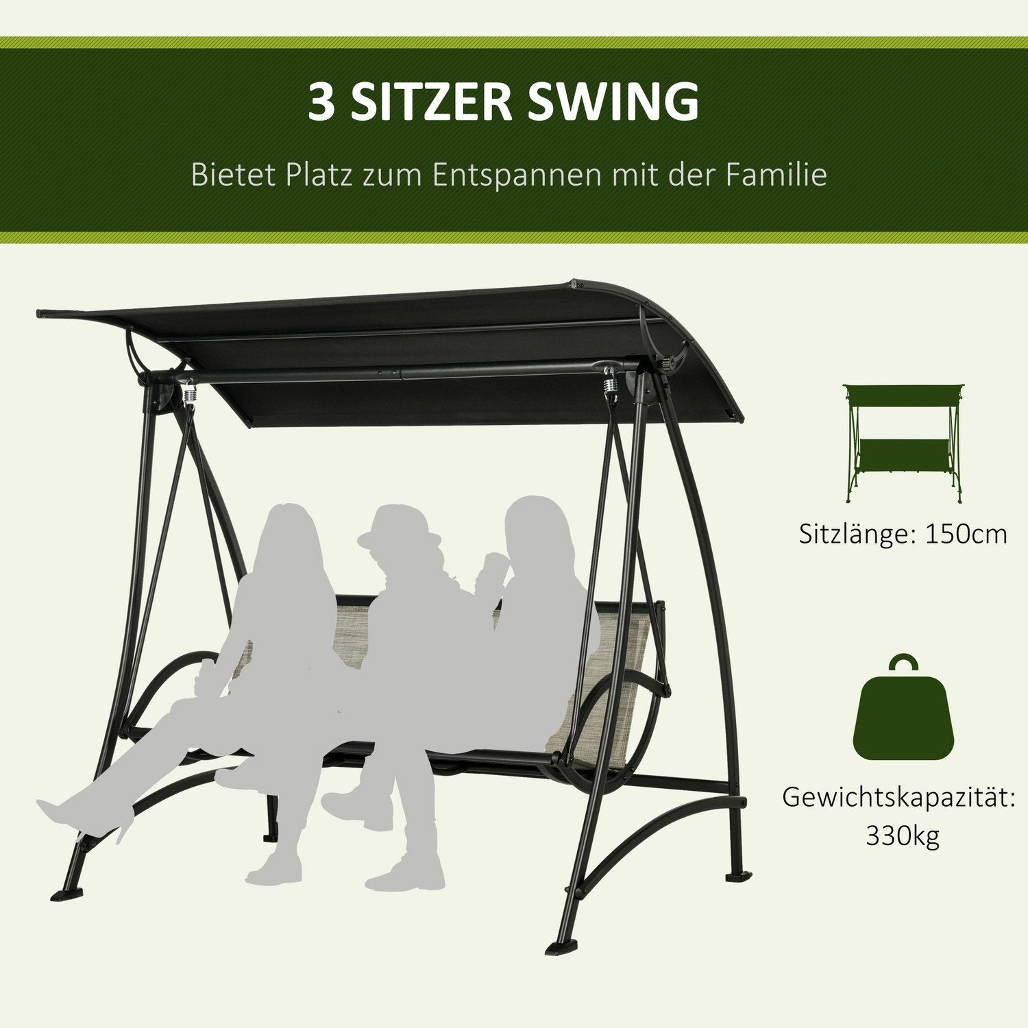 3-Sits Hollywood Gunga, Trädgårdsgunga Med Justerbart Solskydd, Uv-Skydd, Swingbänk Rymmer Upp Till 330 Kg, Textline, Svart