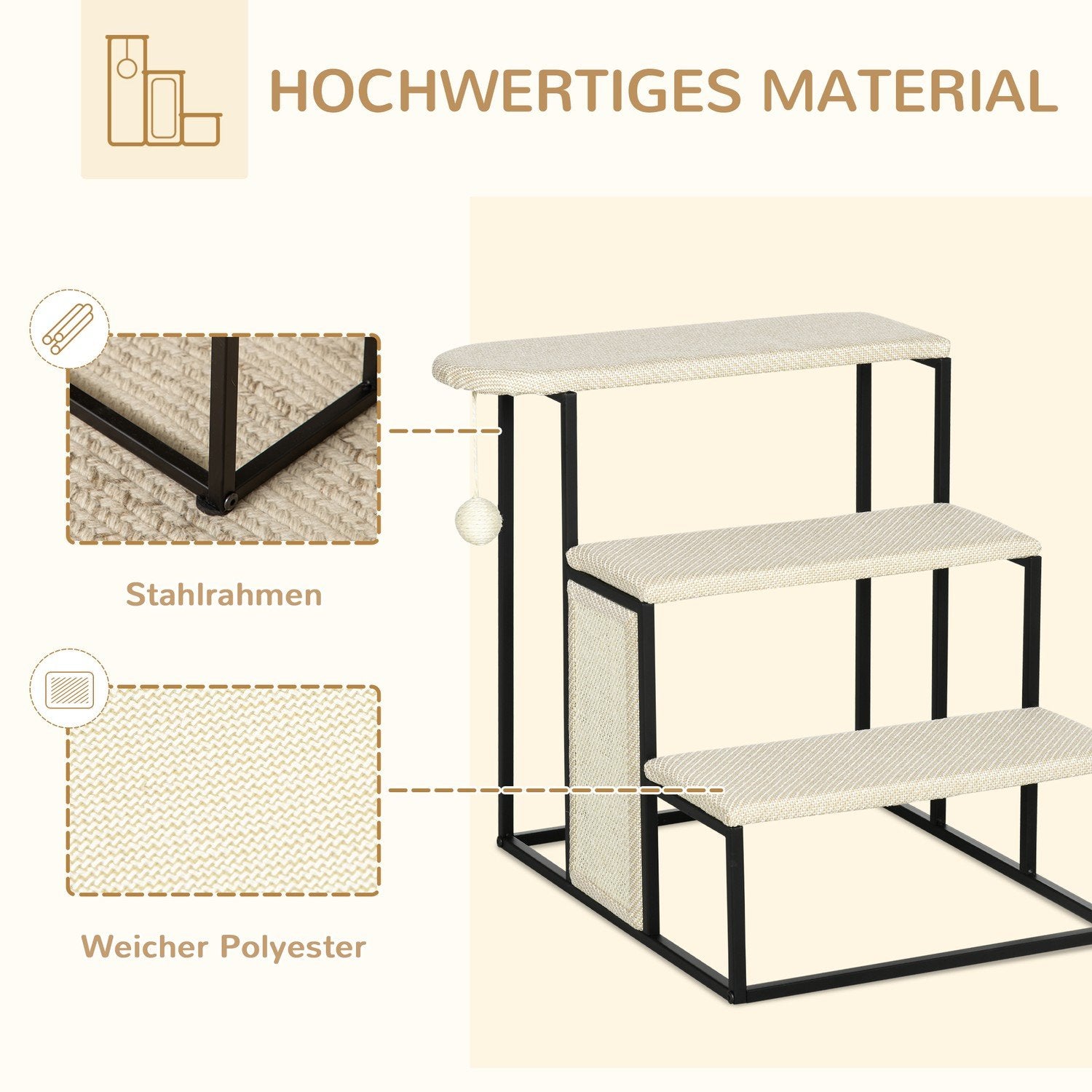 Djurtrappa 3-Stegs Katttrappa Hundtrappa Med Skrapbräda Och Hängande Lekboll Djurtrappa Stål Sisal Krämvit + Svart 51X54X53Cm