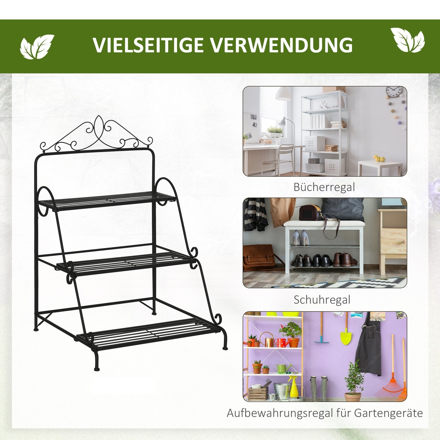 Metal Flower Stairs 3 Tier Plant Stand Med Justerbar Hänghöjd Inomhus Utomhus Natural