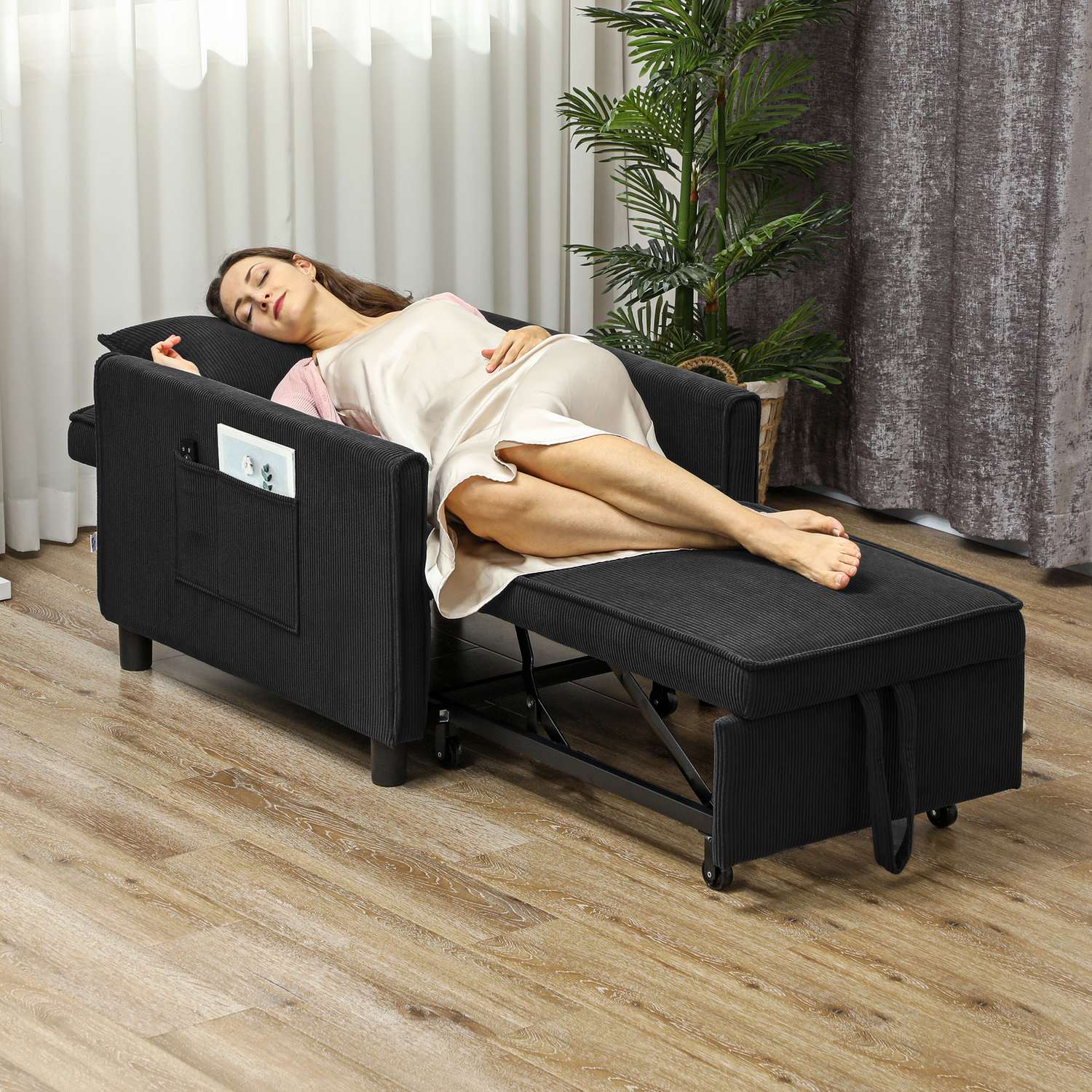 3-i-1 bäddsoffa, justerbar stol med hjul, svart manchester