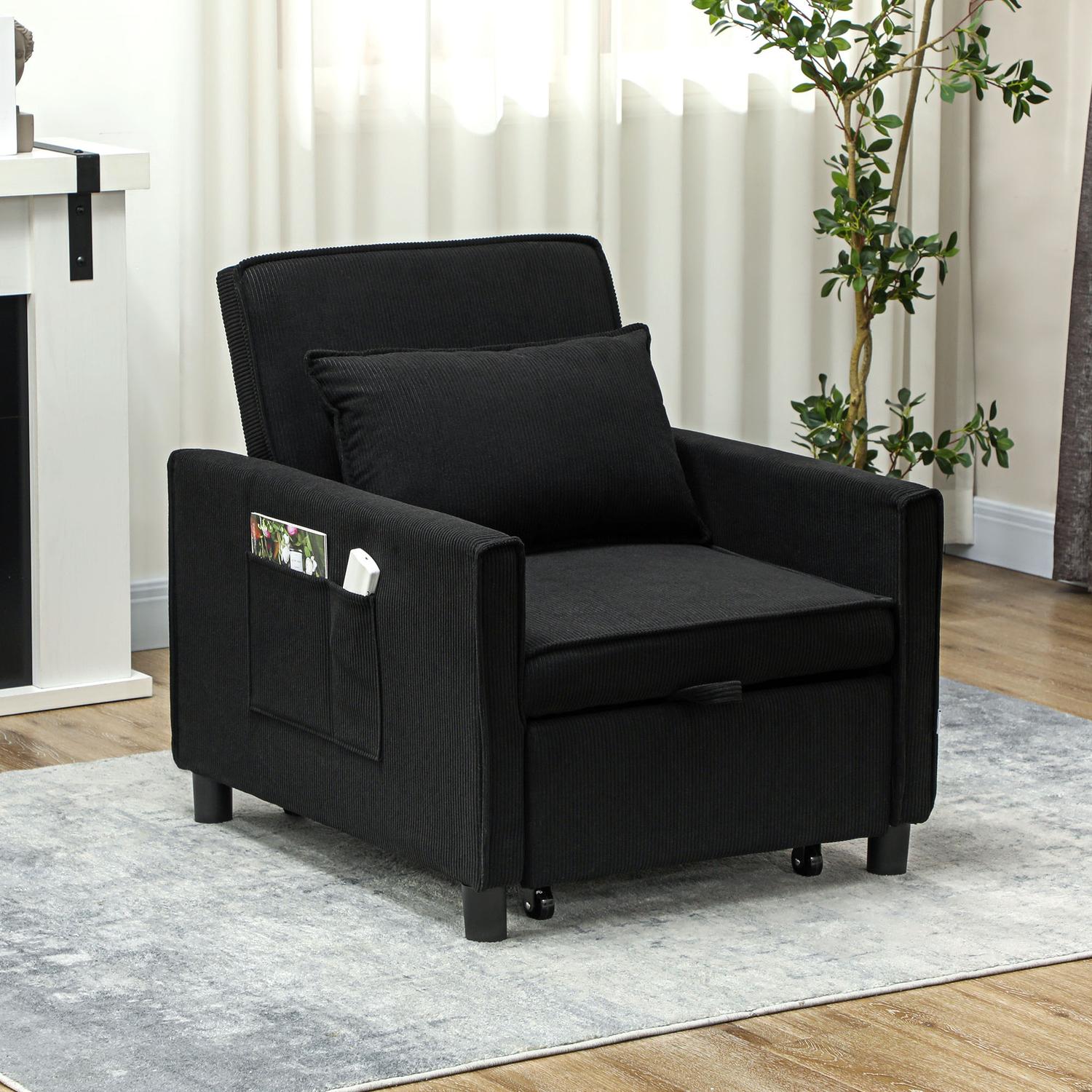 3-i-1 bäddsoffa, justerbar stol med hjul, svart manchester