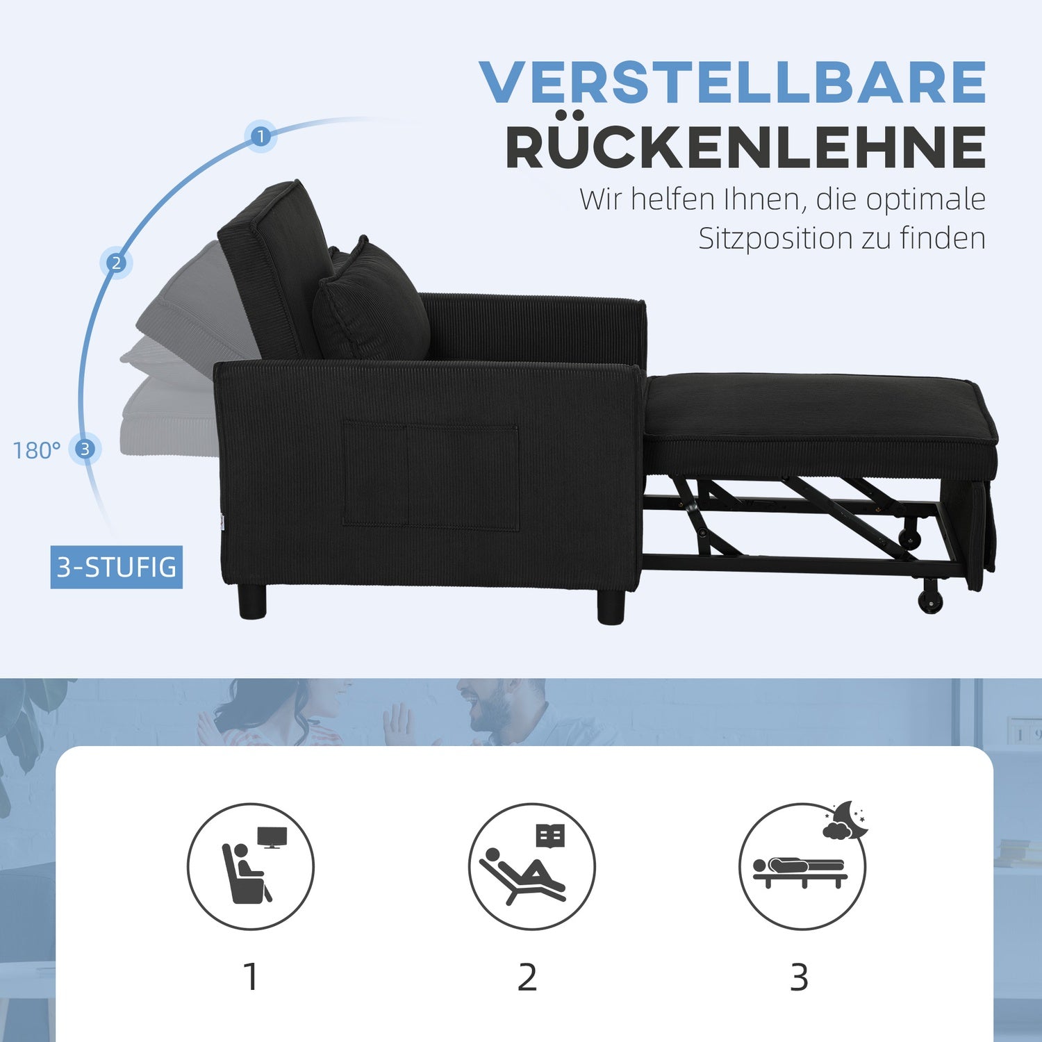 3-i-1 bäddsoffa, justerbar stol med hjul, svart manchester