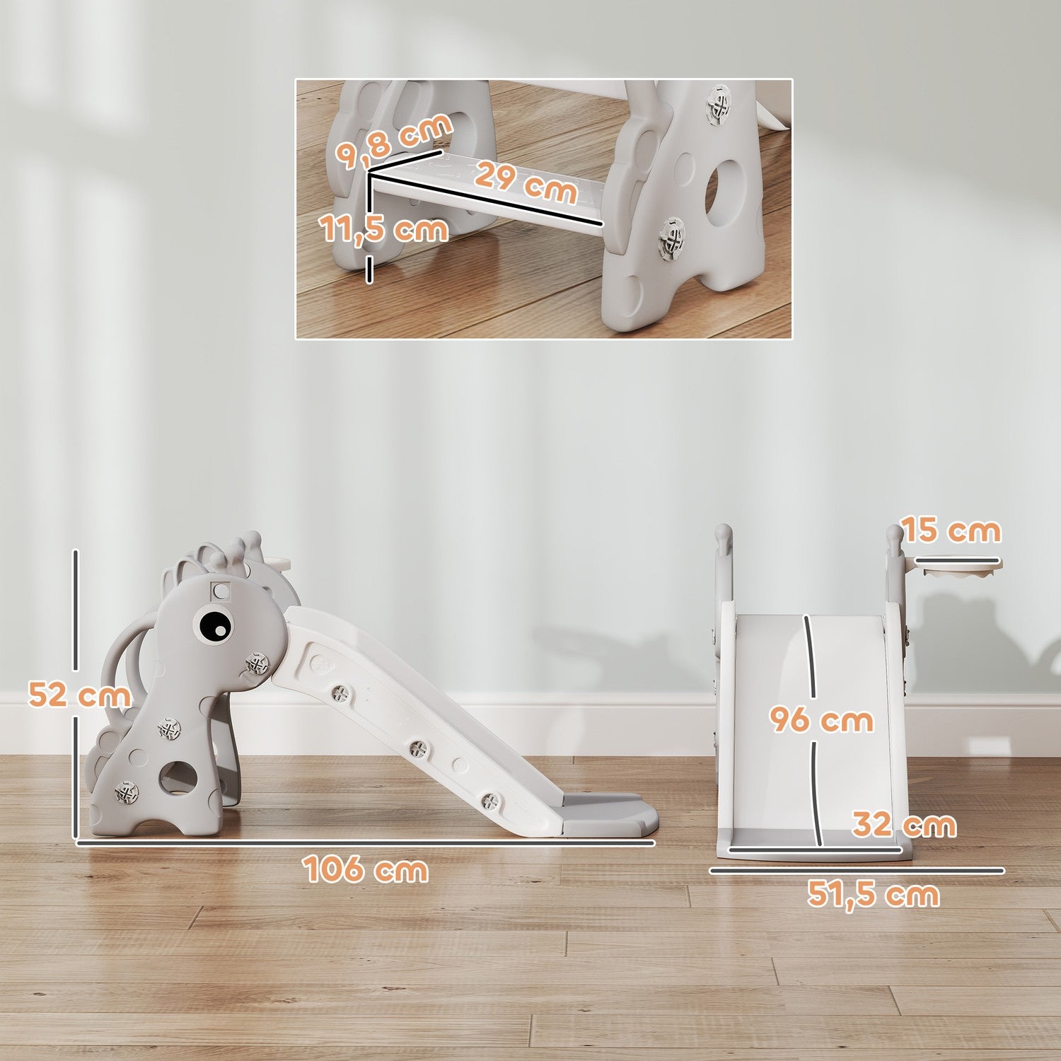 3-i-1 rutschkana för småbarn med basketbåge – inomhus, grå
