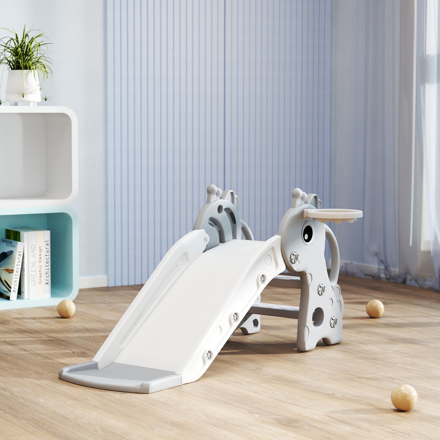 3-i-1 rutschkana för småbarn med basketbåge – inomhus, grå