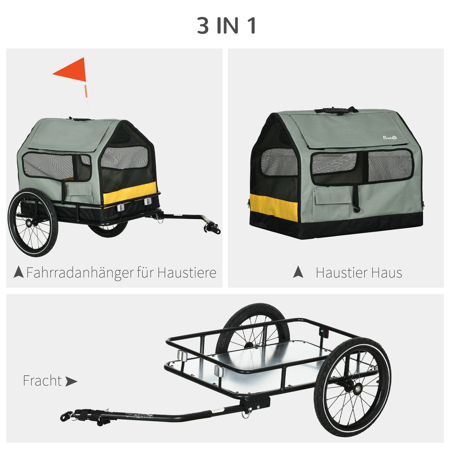 Dog Trailer 3-I-1 Pet House & Cargo Trailer, Hundcykelvagn Med Reflektorer För Små Hundar Upp Till 10 Kg, Oxford, Grå