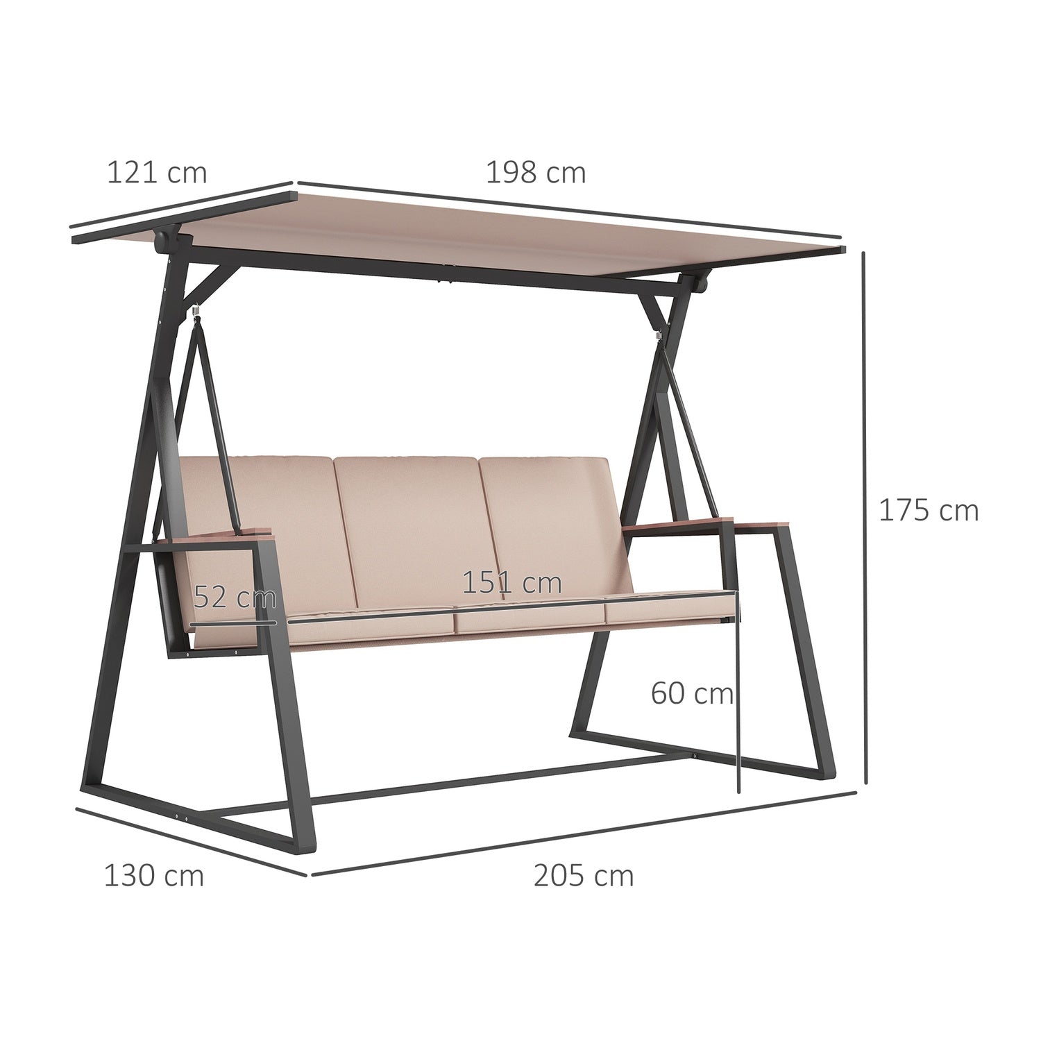 3-sits Khaki svängbänk med kuddar och tak, 300 kg