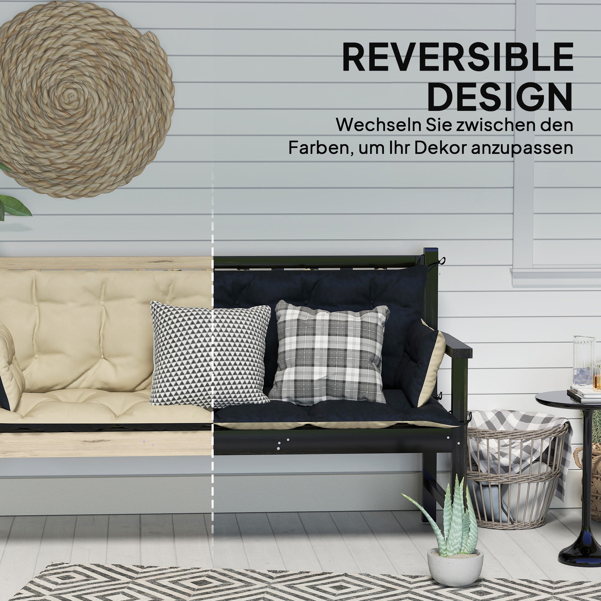 3-sits bänkkudde, 180x110x8 cm, beige/svart