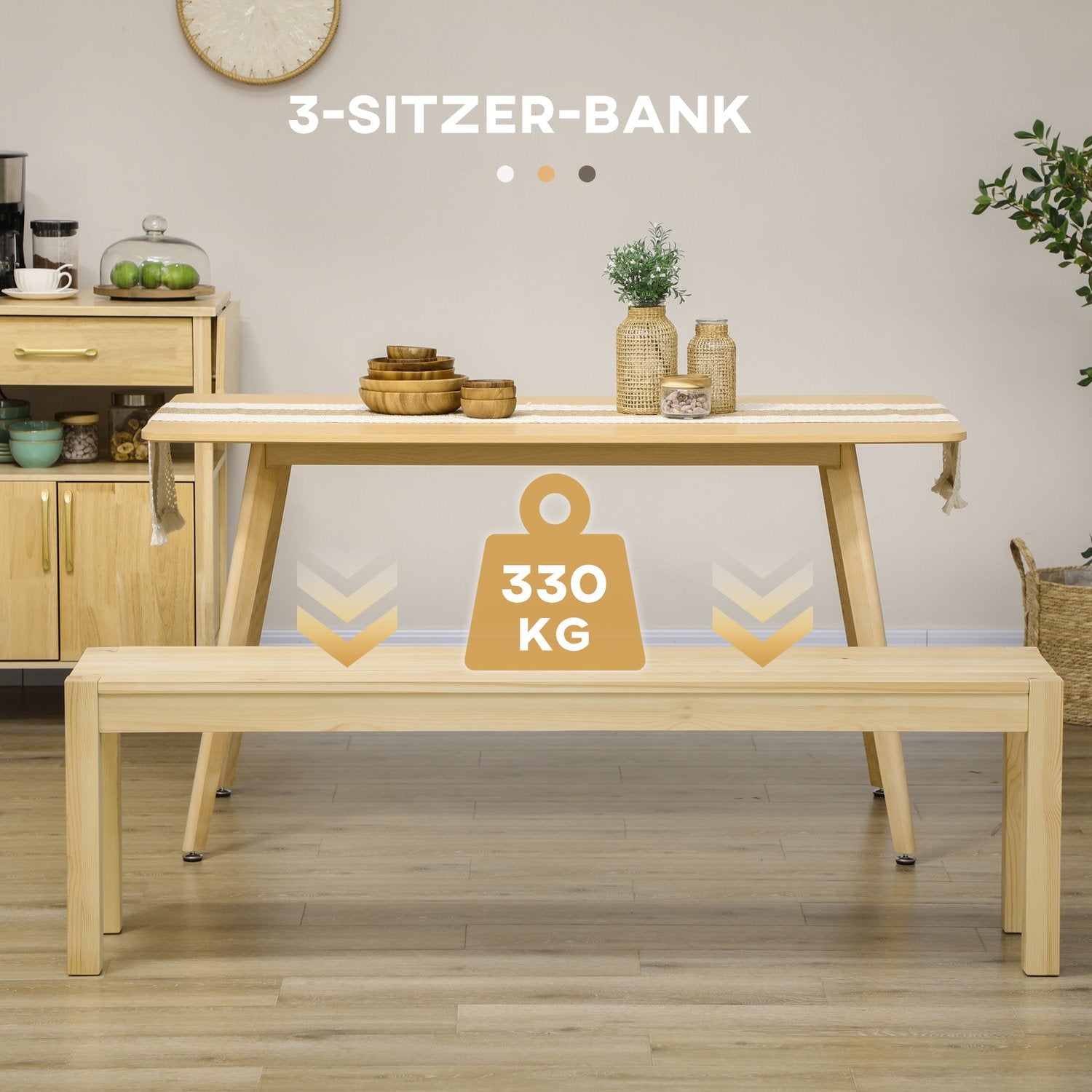 3-sits matsalsbänk i furu, rymmer 330 kg, 150 x 33 x 45 cm