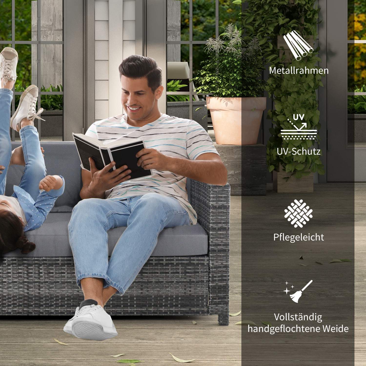 3-sits polyrotting trädgårdssoffa med kuddar – Grå