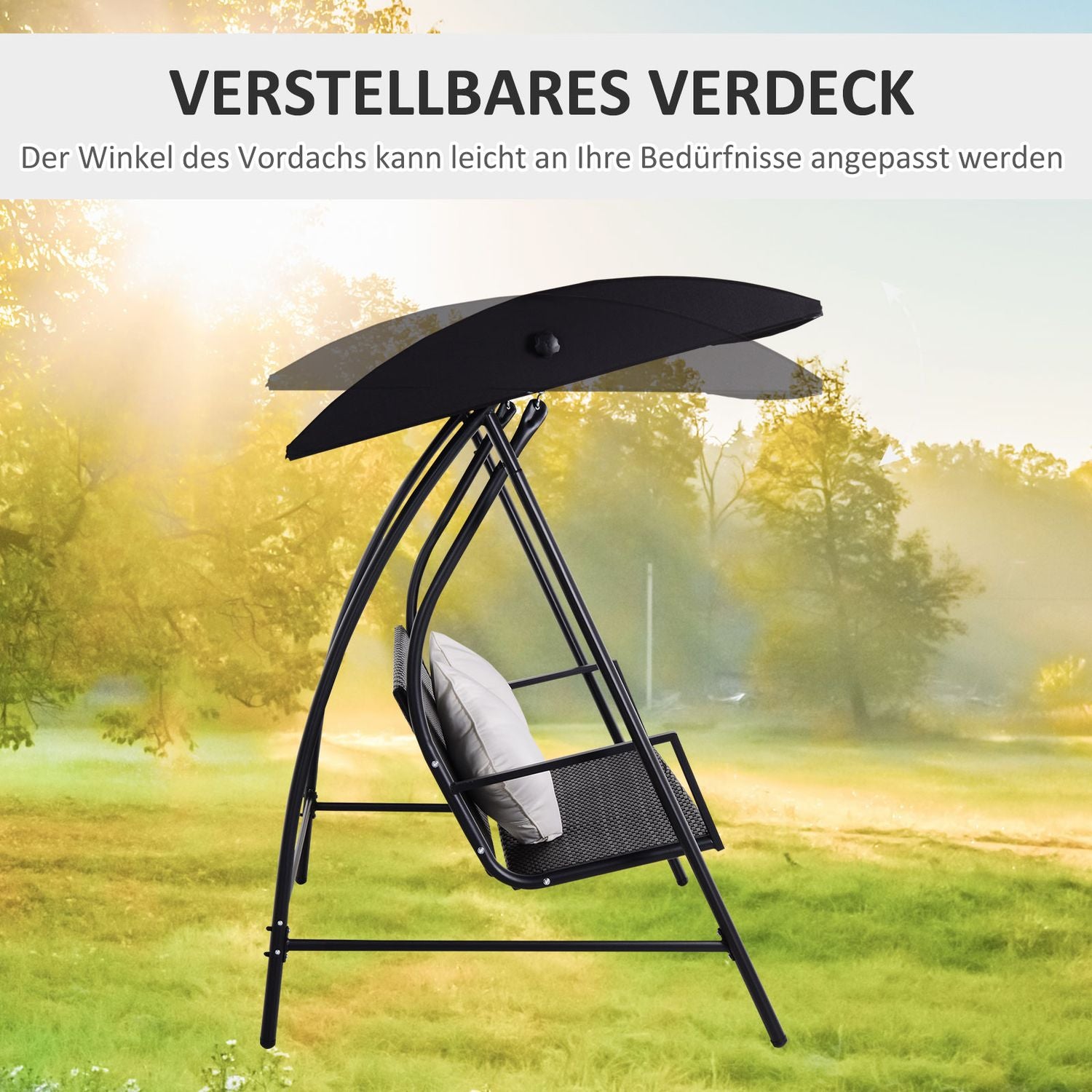 3-sits svart polyrattangunga med kudde – 360 kg kapacitet