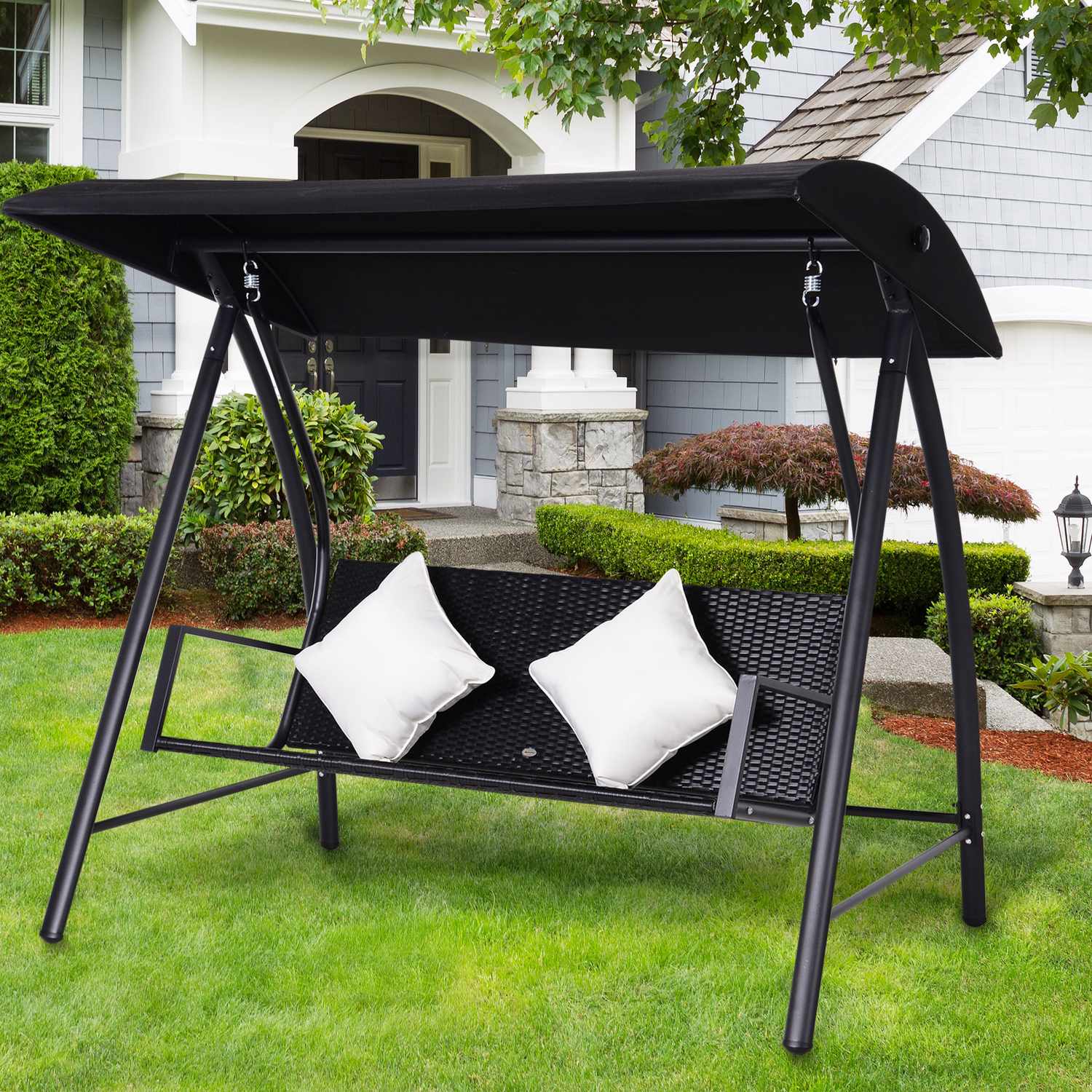 3-sits svart polyrattangunga med kudde – 360 kg kapacitet