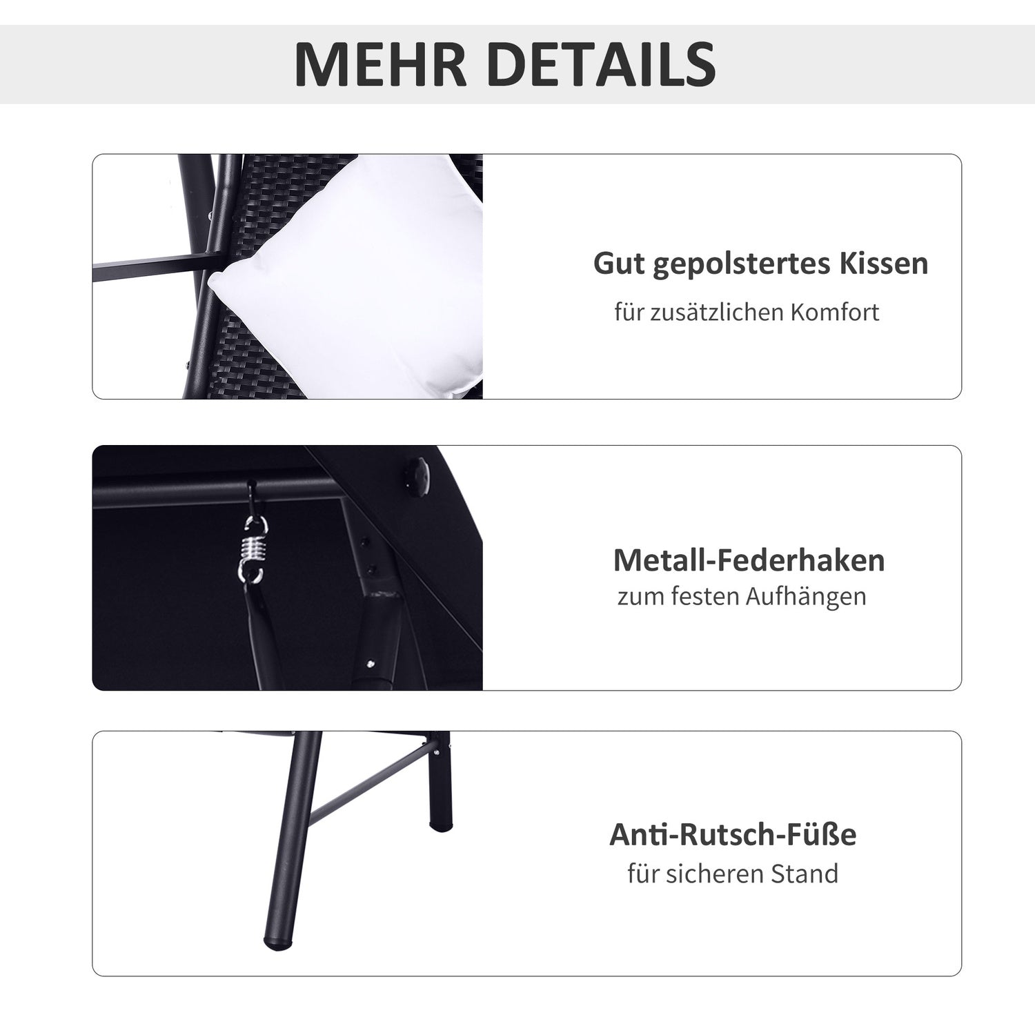 3-sits svart polyrattangunga med kudde – 360 kg kapacitet