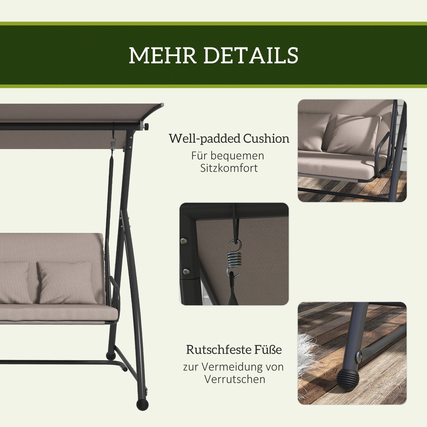 3-sits trädgårdsgunga i stål med justerbar kapell, ljusbrun