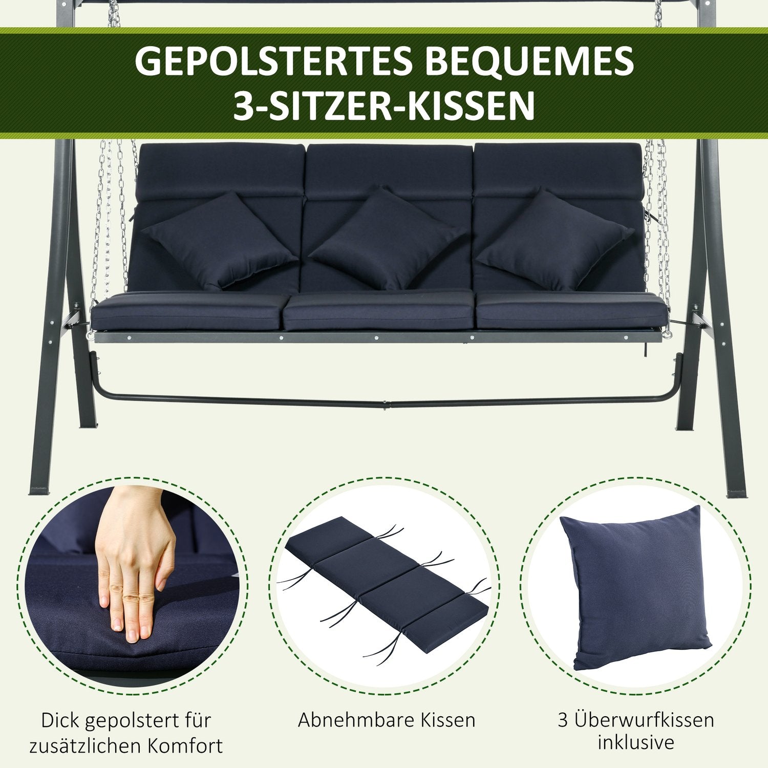 3-sits trädgårdsgunga, justerbar kapell och kuddar, kapacitet 270 kg