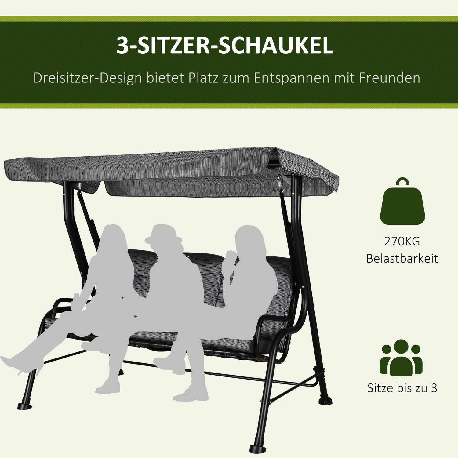 3-sits trädgårdsgunga med justerbar kapell, grå