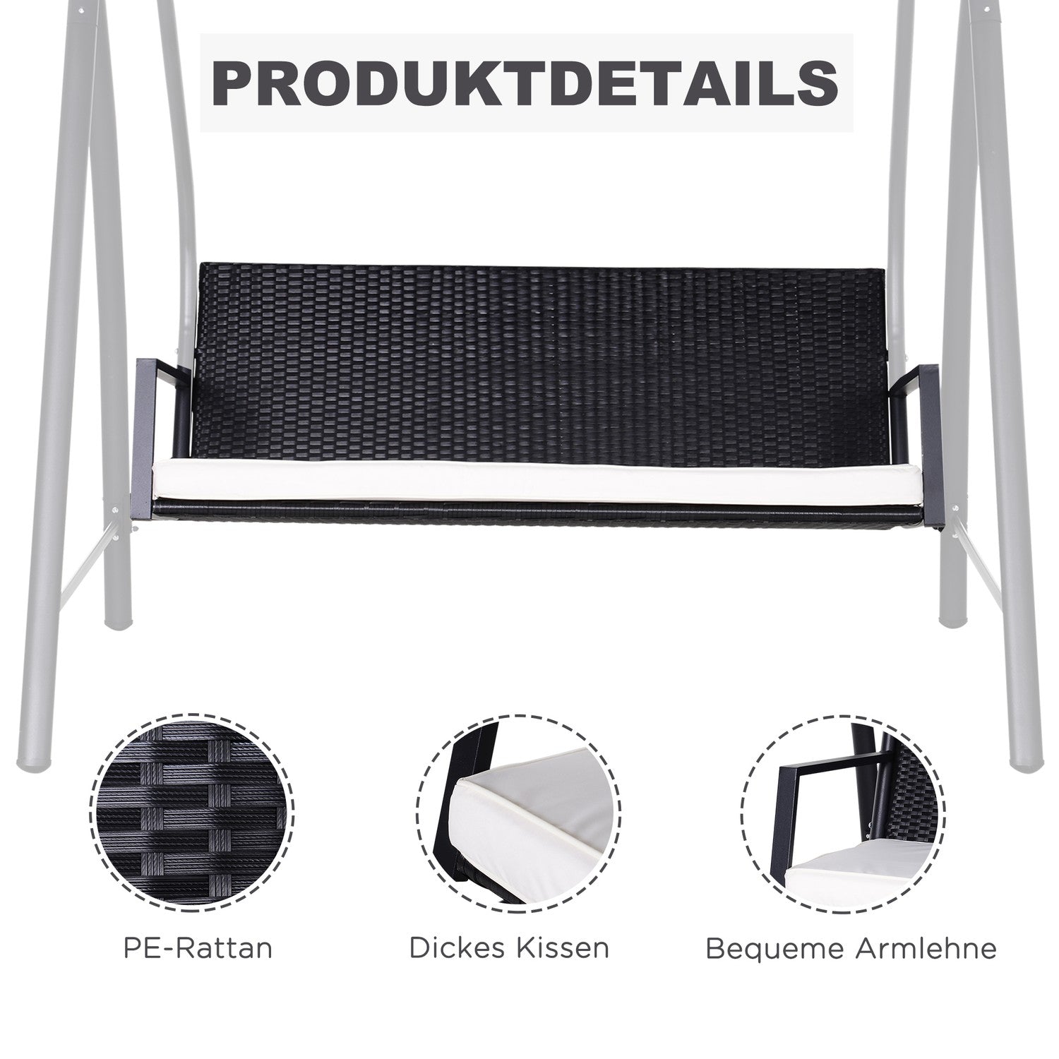 3-sits trädgårdsgunga med tak, polyrotting, svart