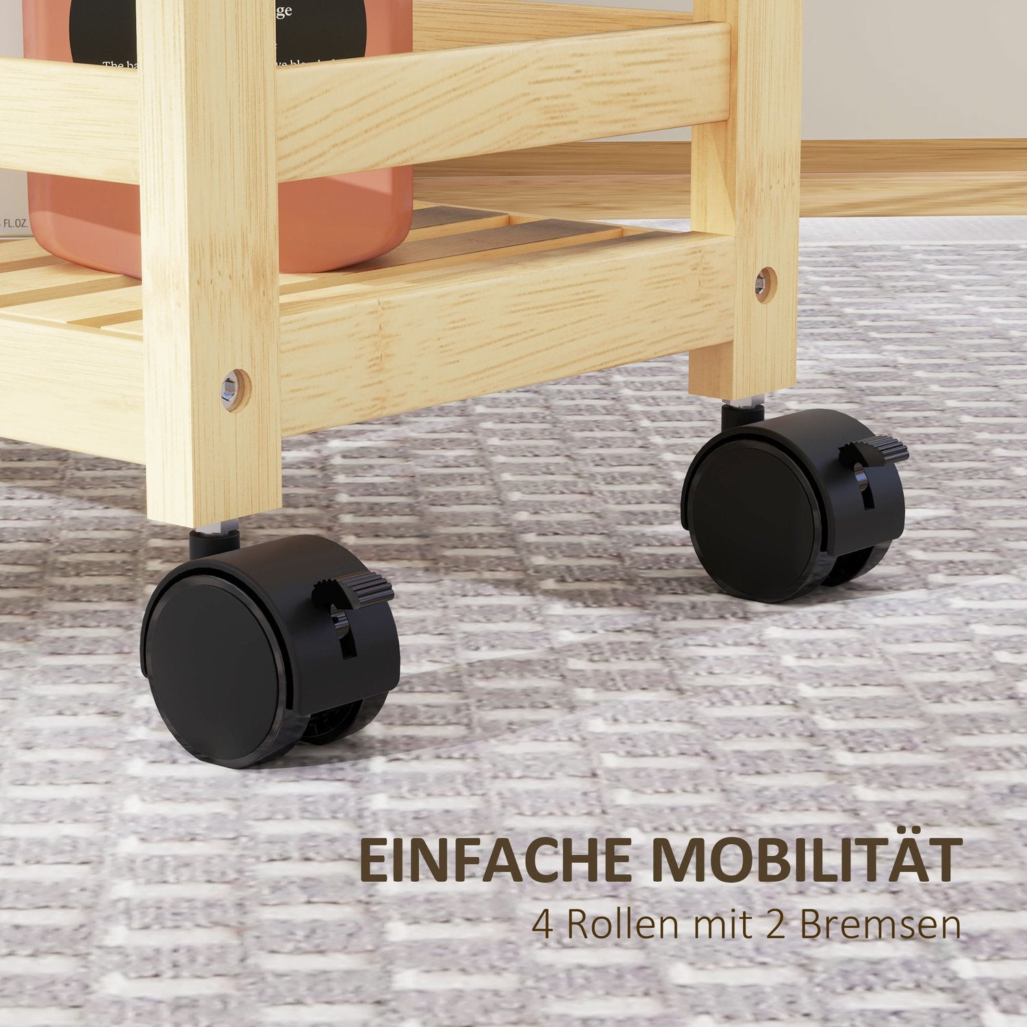 3-vånings köksvagn i bambu med hjul och handtag