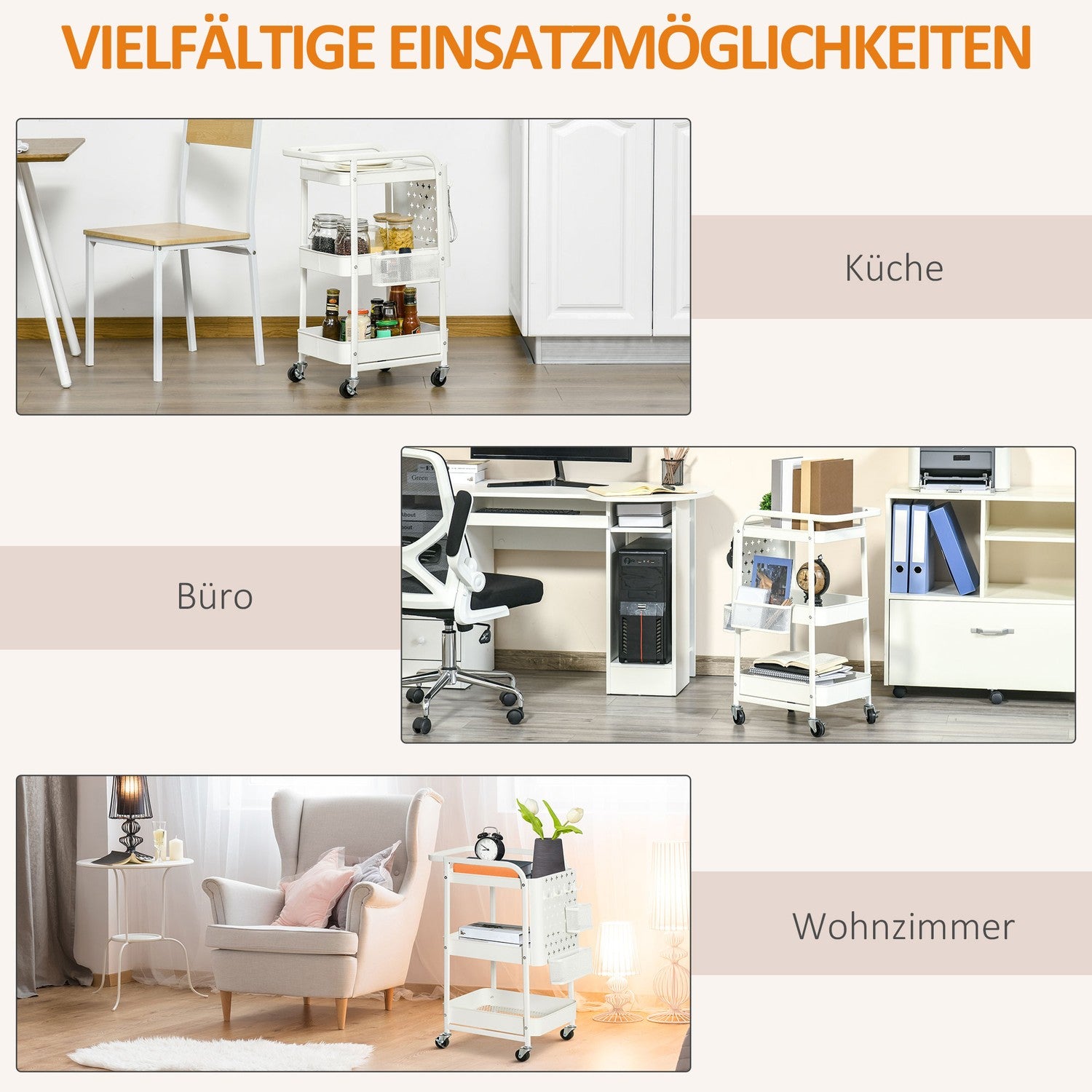 3-vånings köksvagn med hjul, stål, vit, 51,5x32x75,6cm