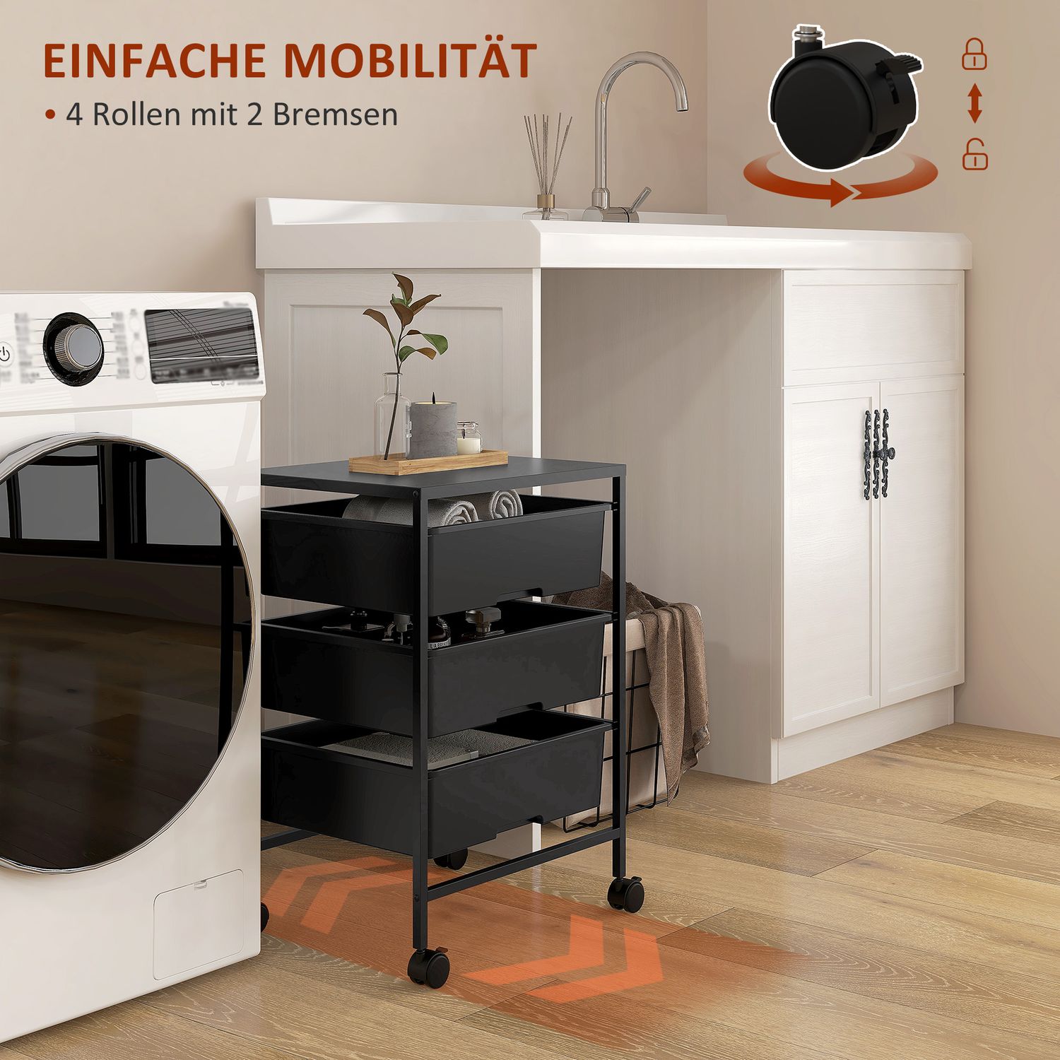 3-vånings rullande förvaringsvagn för kök, svart