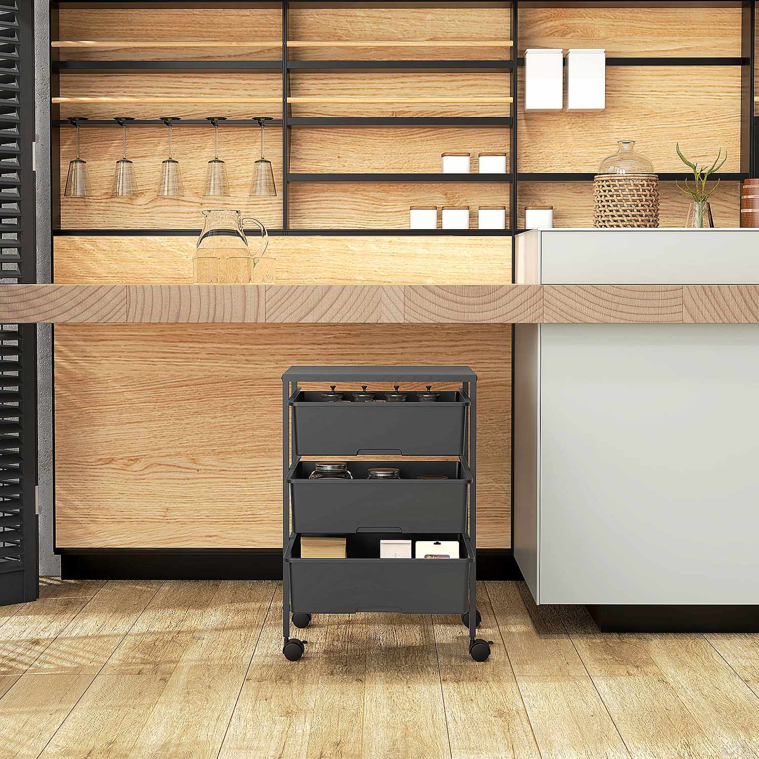 3-vånings rullande förvaringsvagn för kök, svart