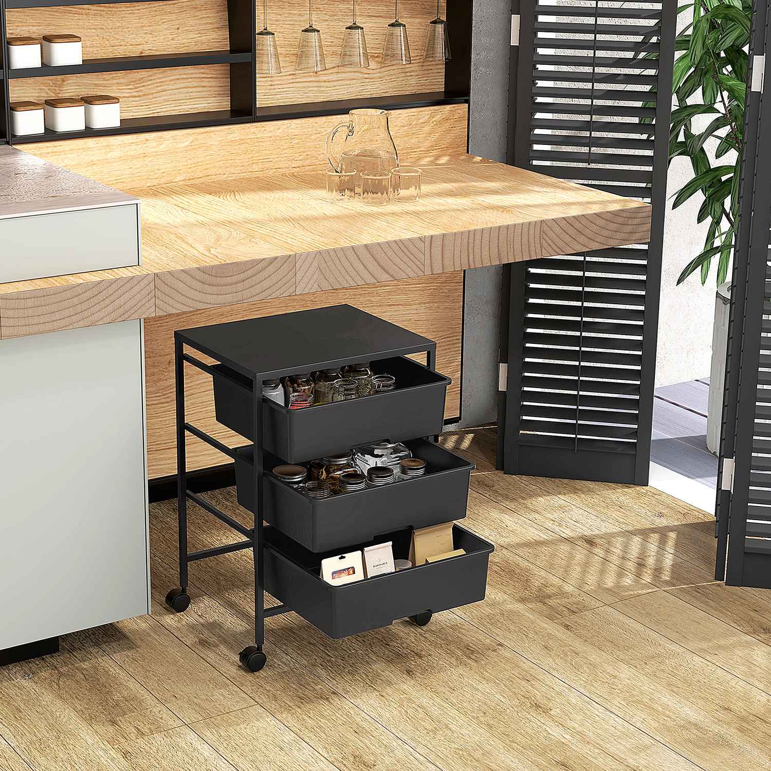 3-vånings rullande förvaringsvagn för kök, svart