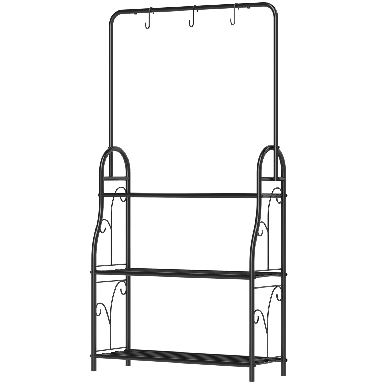 3-vånings växtställ i svart metall med hängkrokar, 137 cm hög