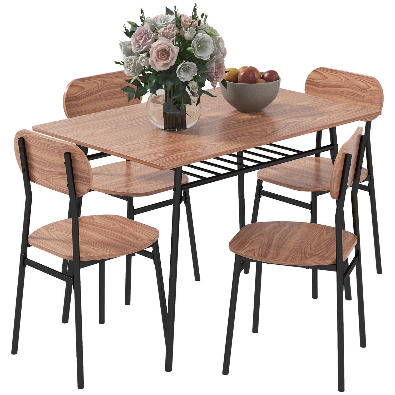 Set Med Matbord Och 4 Stolar, Köksbord Med Hylla, Teak, Stål, Matsalsmöbler