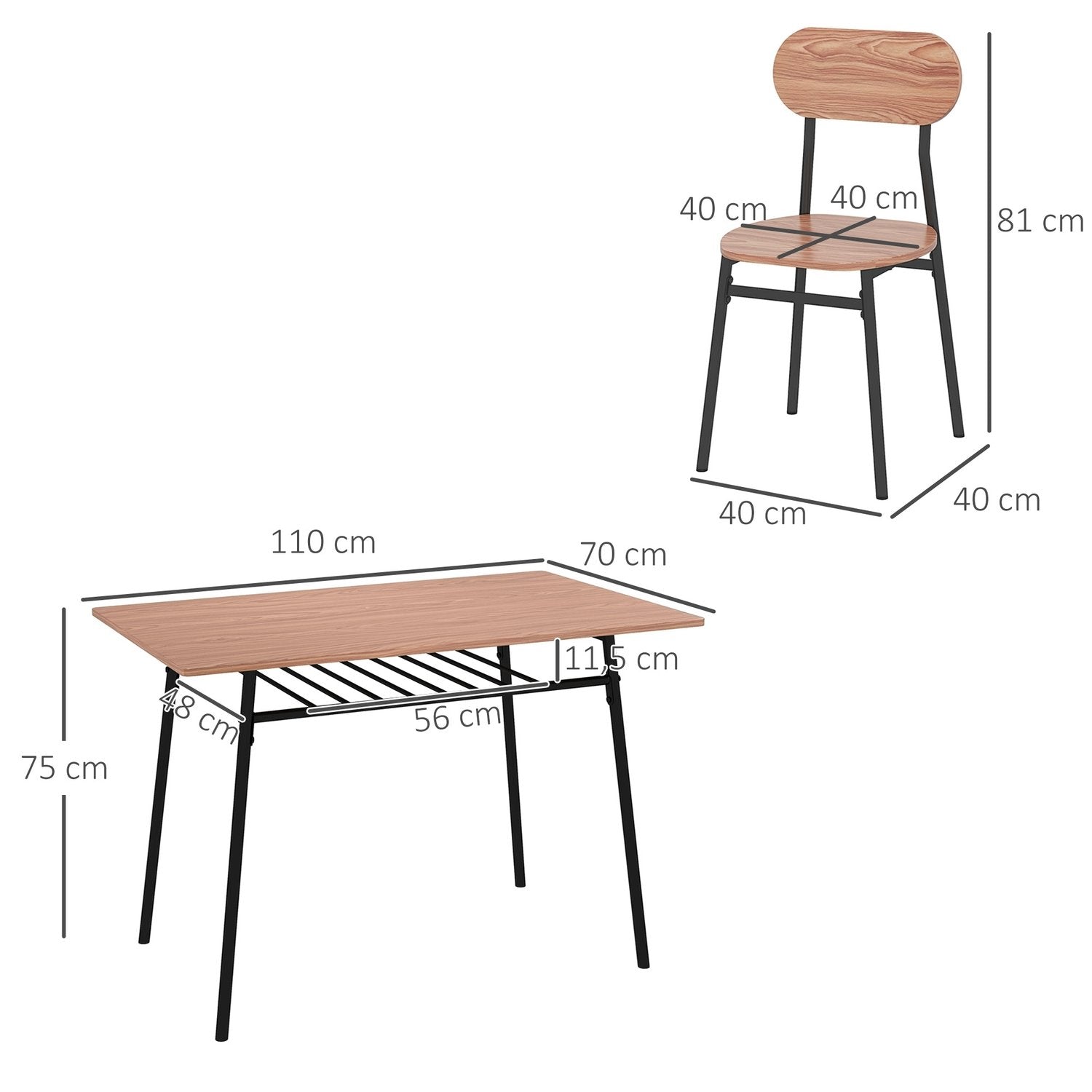 Set Med Matbord Och 4 Stolar, Köksbord Med Hylla, Teak, Stål, Matsalsmöbler