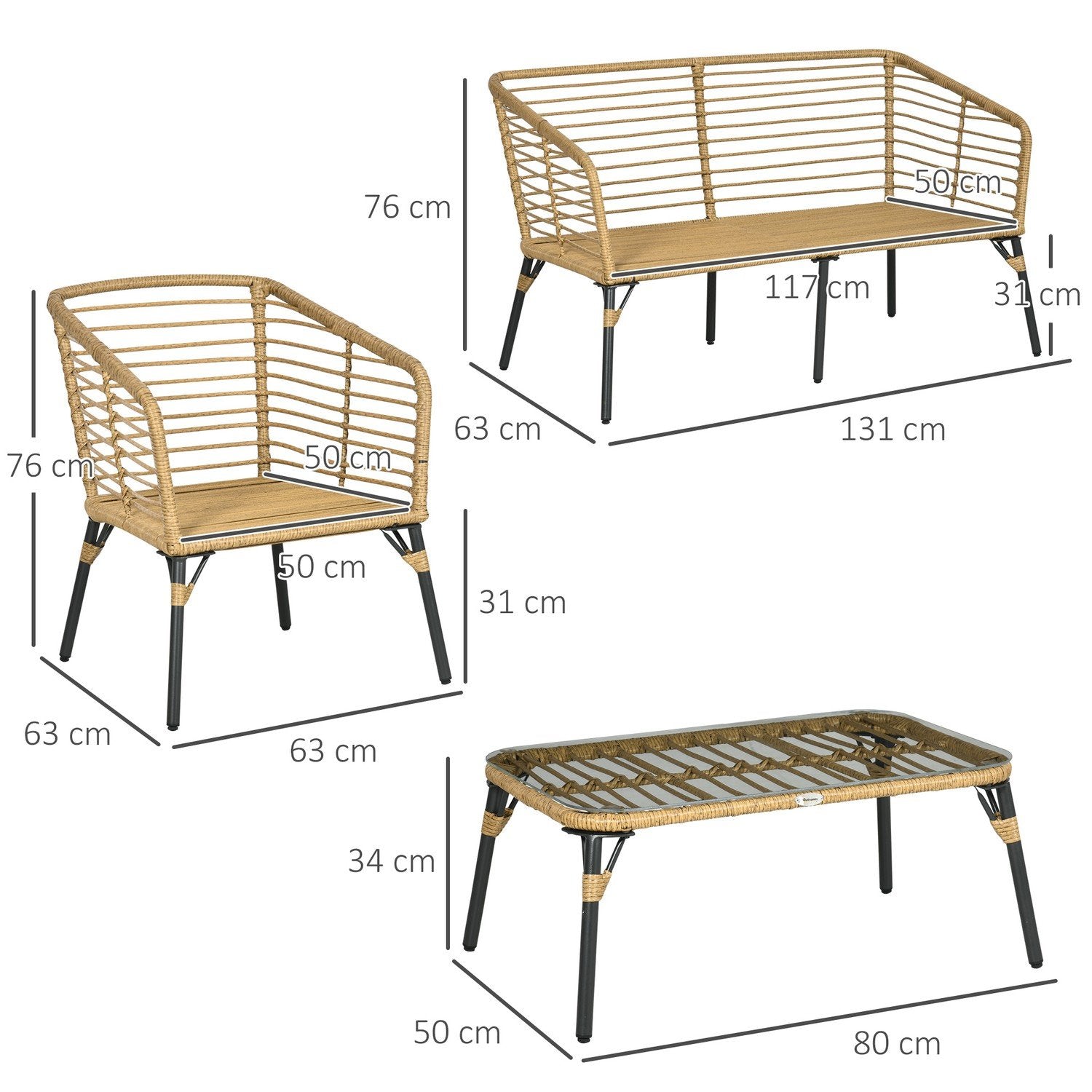 4-Delad Trädgårdsmöbelset, Sittgrupp I Rotting Med Kuddar, Sittgrupp Med 3 Fåtöljer, 1 Soffbord, Balkongmöbel I Boho-Stil För 4 Personer, Sand + Mörkgrå