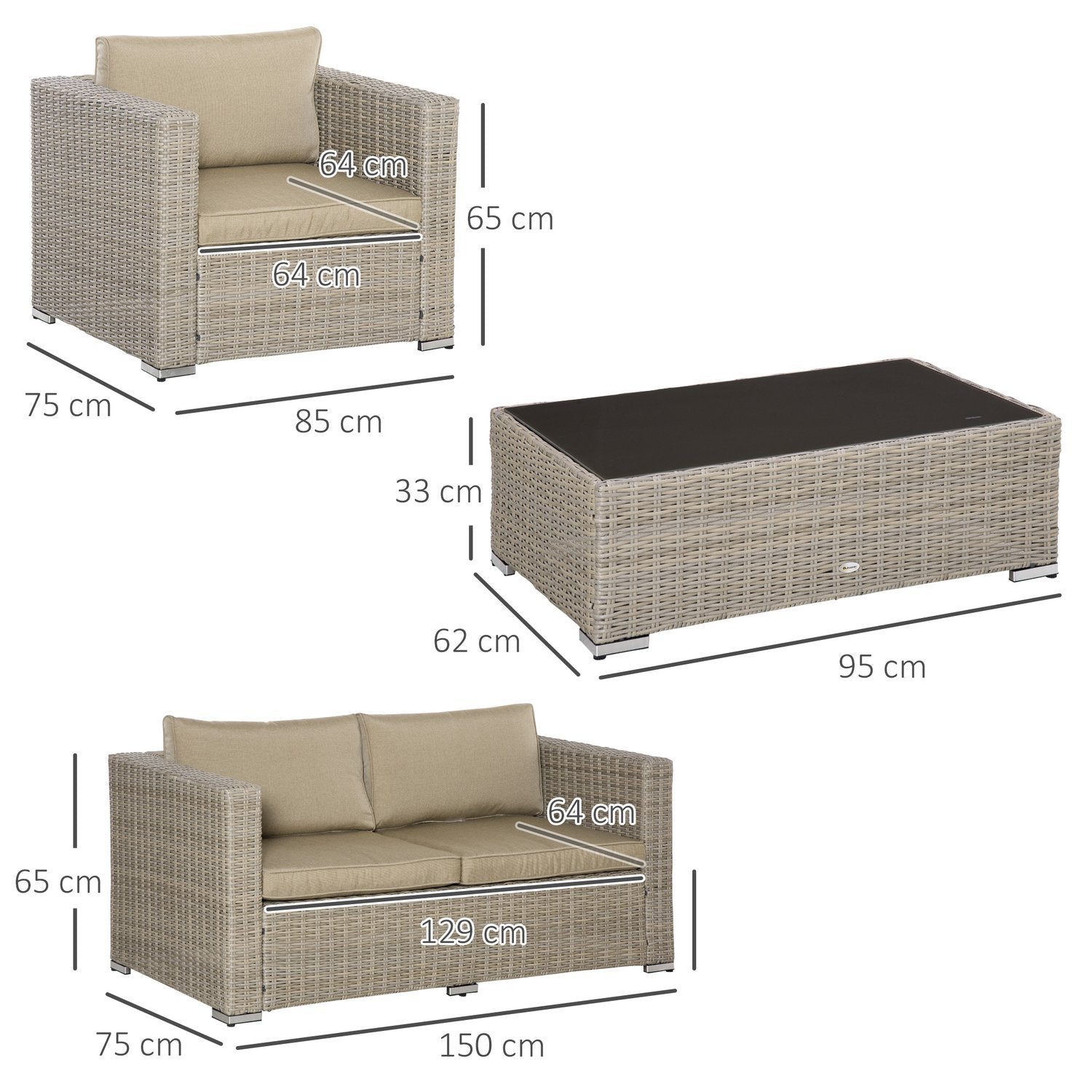 Polyrattan Trädgårdsmöbler Set 4 Personer Loungemöbler Soffbord Sittdyna Khaki + Beige