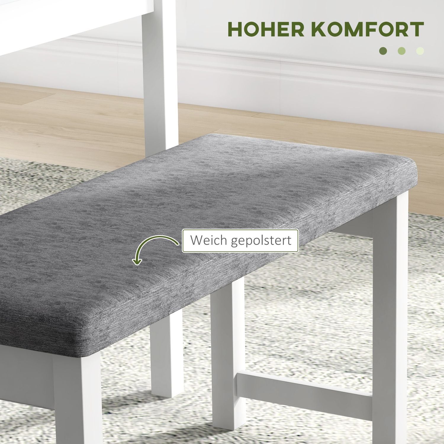 4-delad matsalsset i furu, bord med bänk och stolar