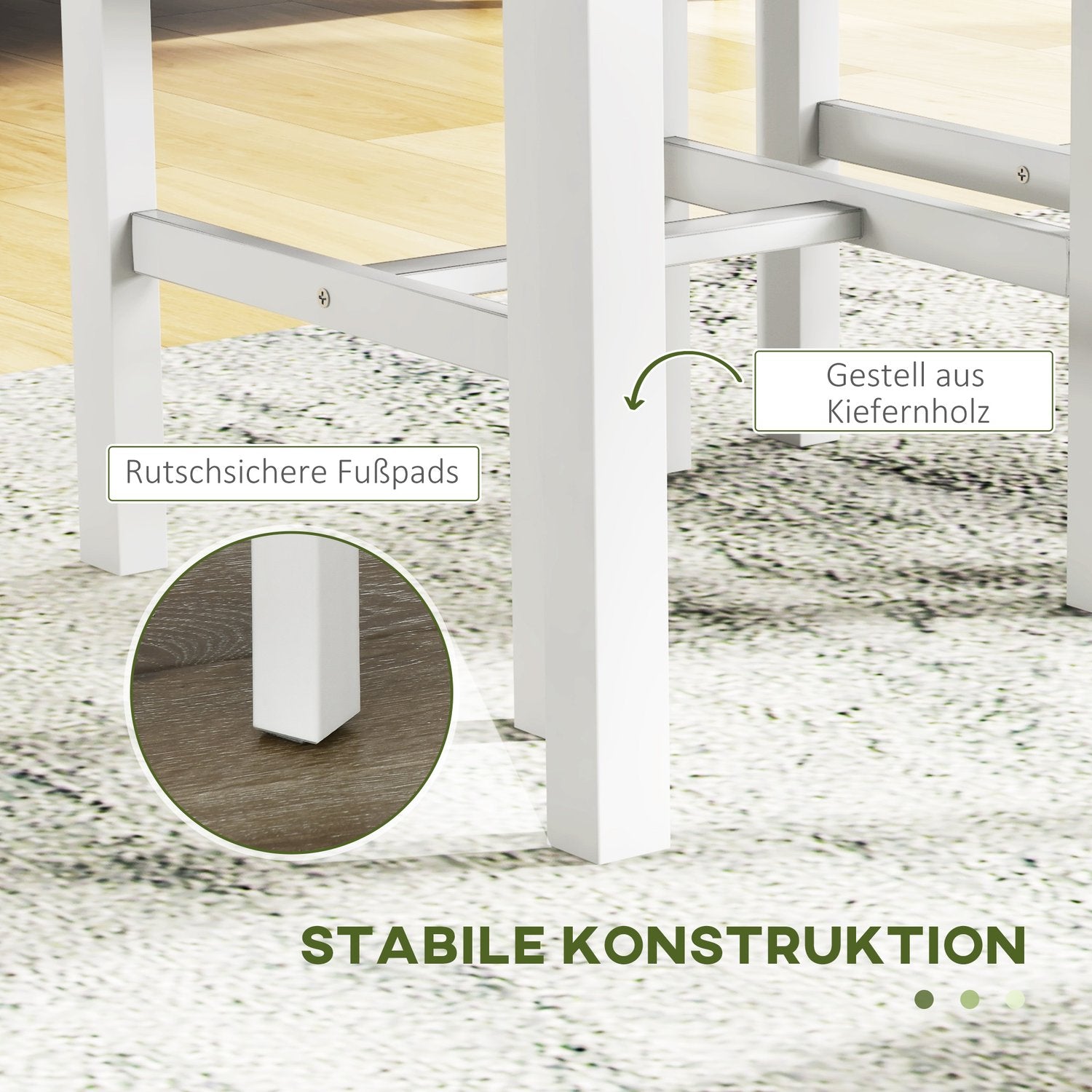 4-delad matsalsset i furu, bord med bänk och stolar