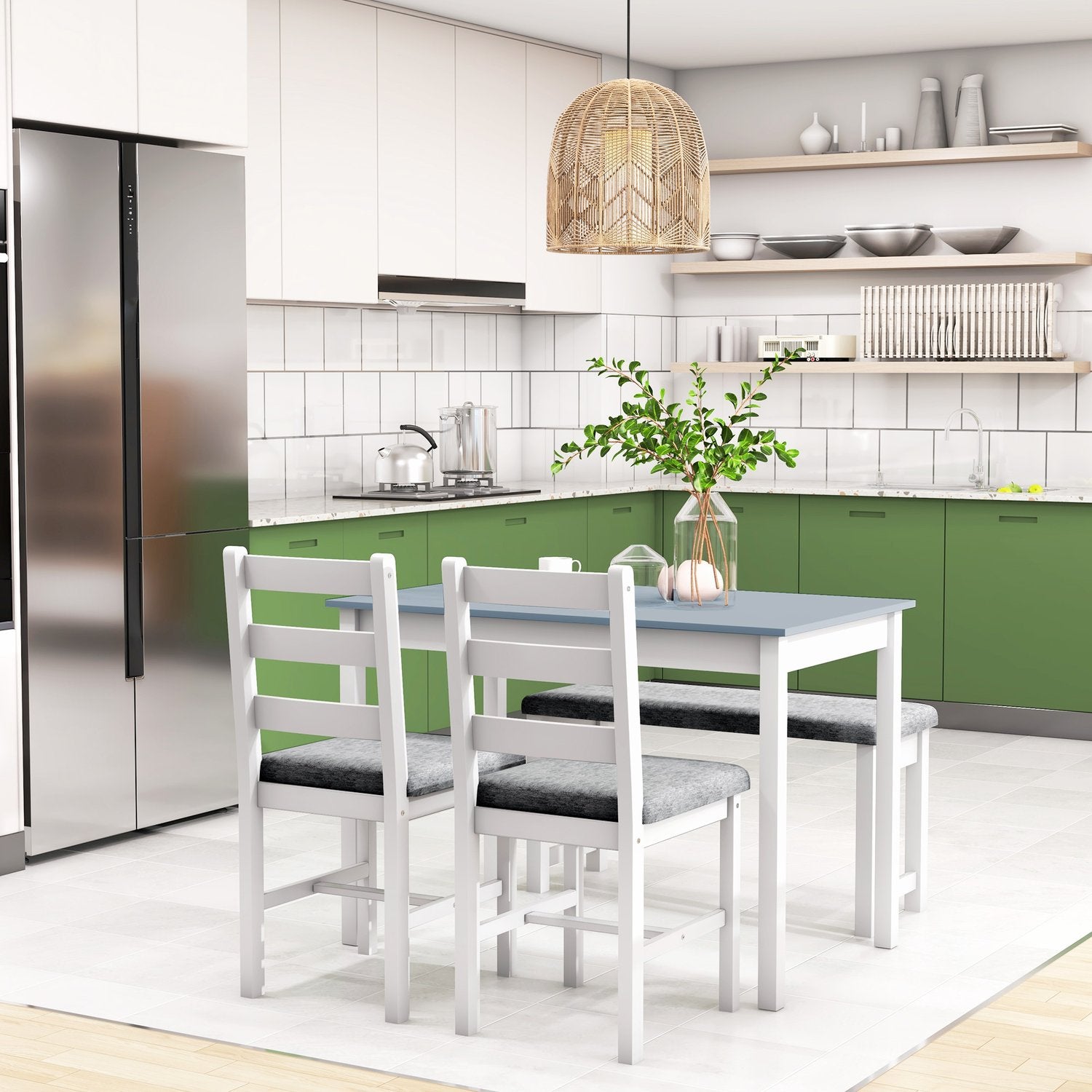 4-delad matsalsset i furu, bord med bänk och stolar