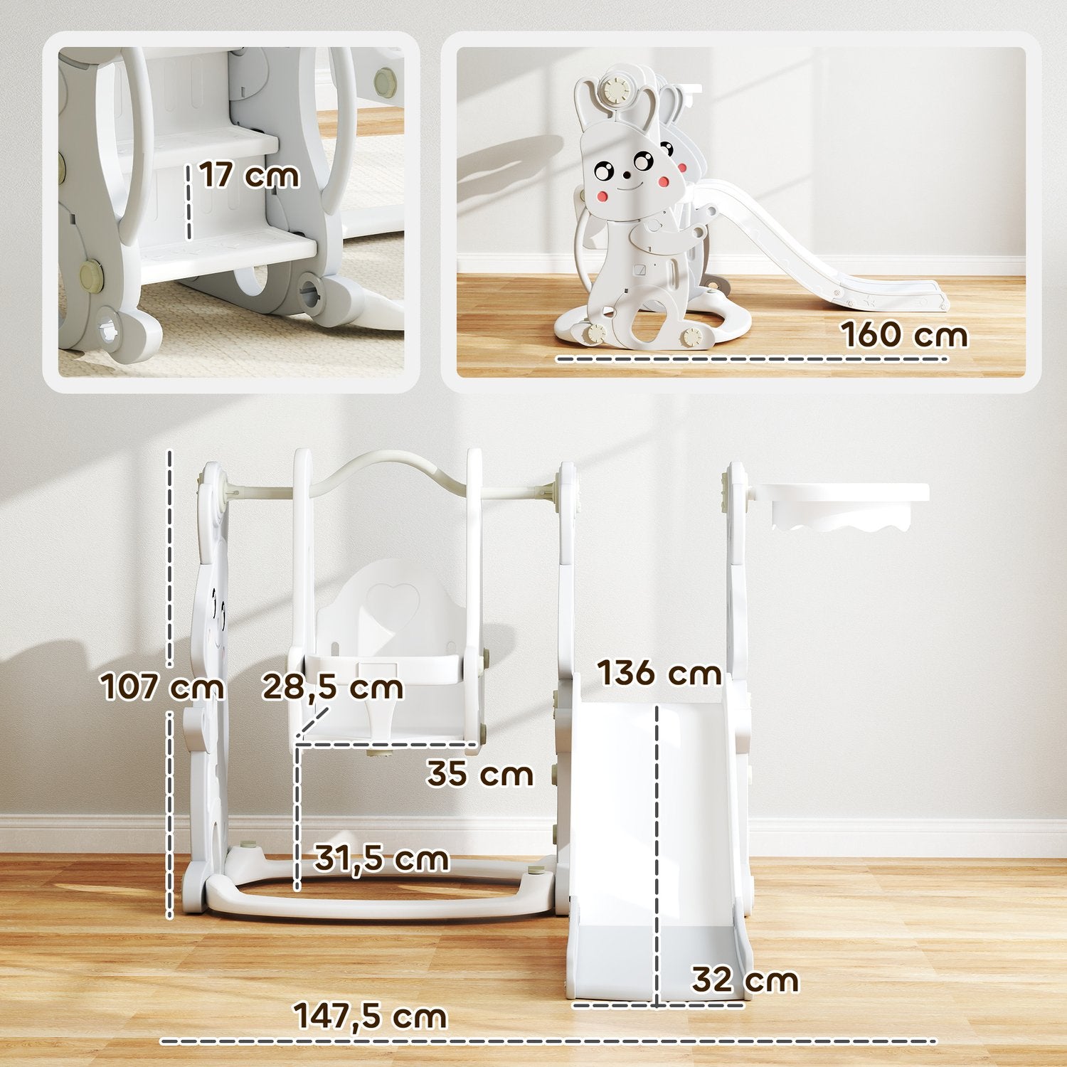 4-i-1 rutschbana för barn med grå kanindesign