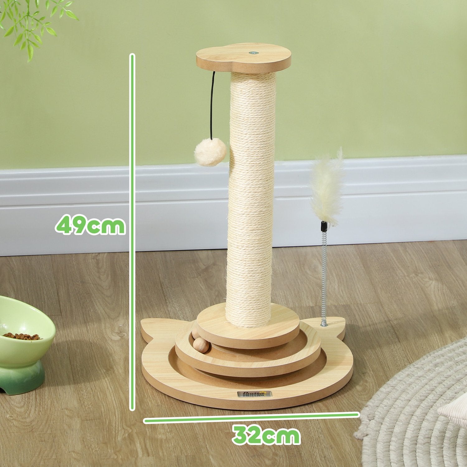 Sisal Cat Skrapstolpe med Play Ball, Ek, 49cm