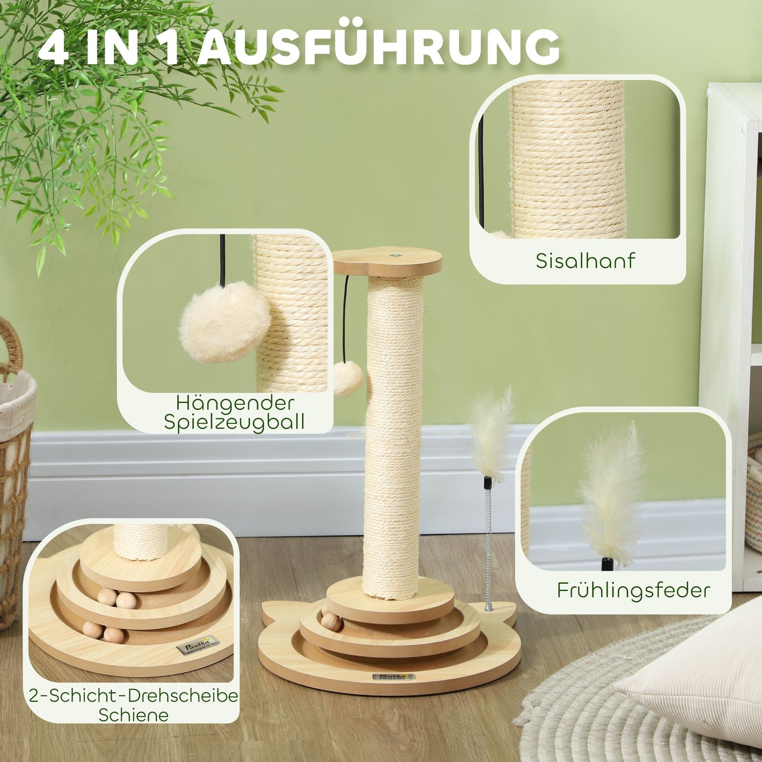 Sisal Cat Skrapstolpe med Play Ball, Ek, 49cm