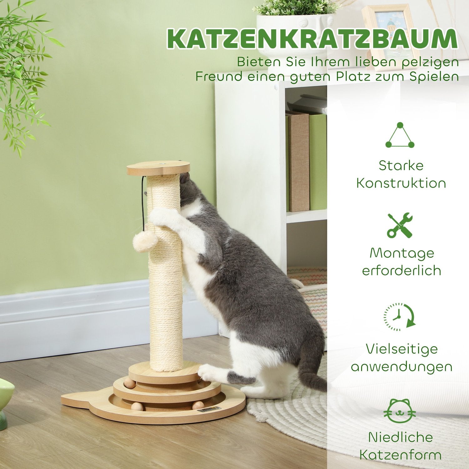 Sisal Cat Skrapstolpe med Play Ball, Ek, 49cm
