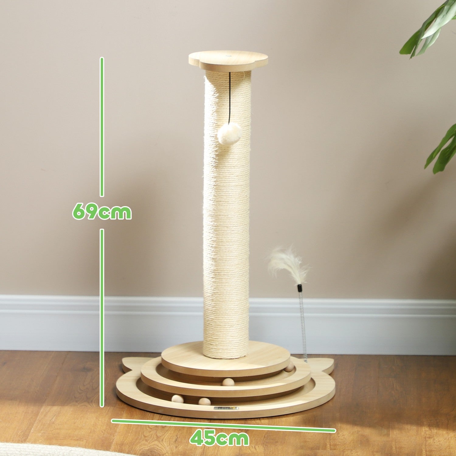 Kattskrapstolpe, 69 cm sisal med lekboll, ekfinish