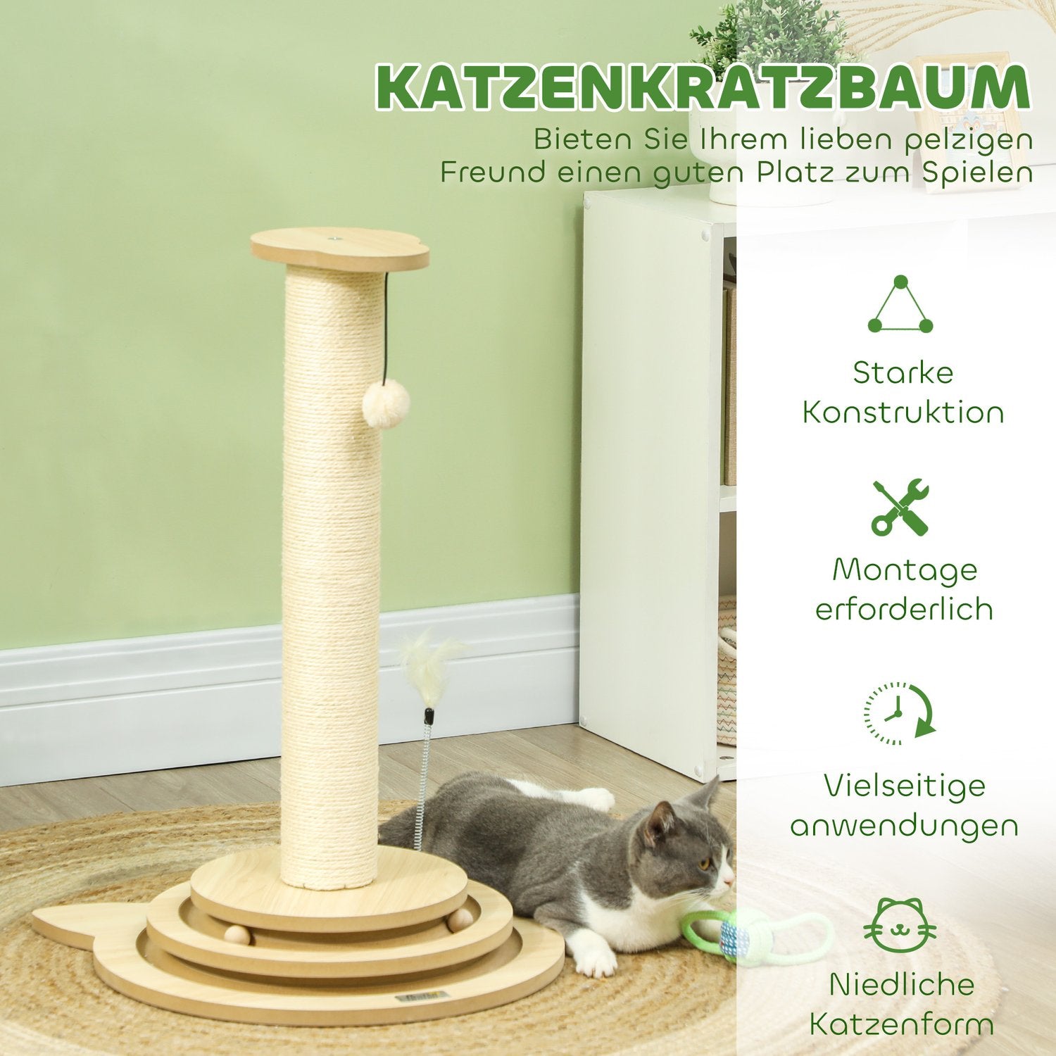 Kattskrapstolpe, 69 cm sisal med lekboll, ekfinish